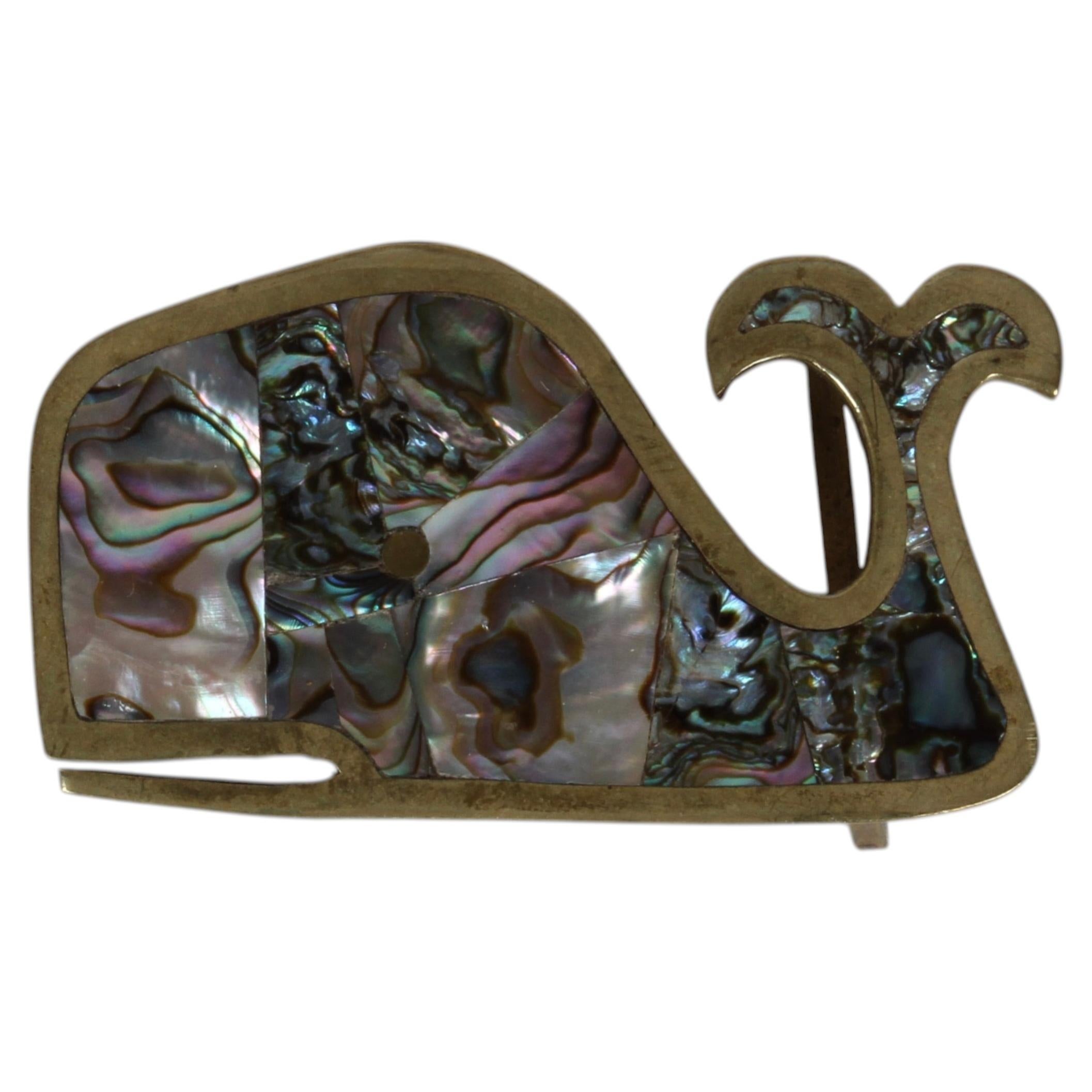 Boucle de ceinture BALEINE en laiton et coquillage Abalone des années 1970 - Fabriqué à la main au Mexique en vente