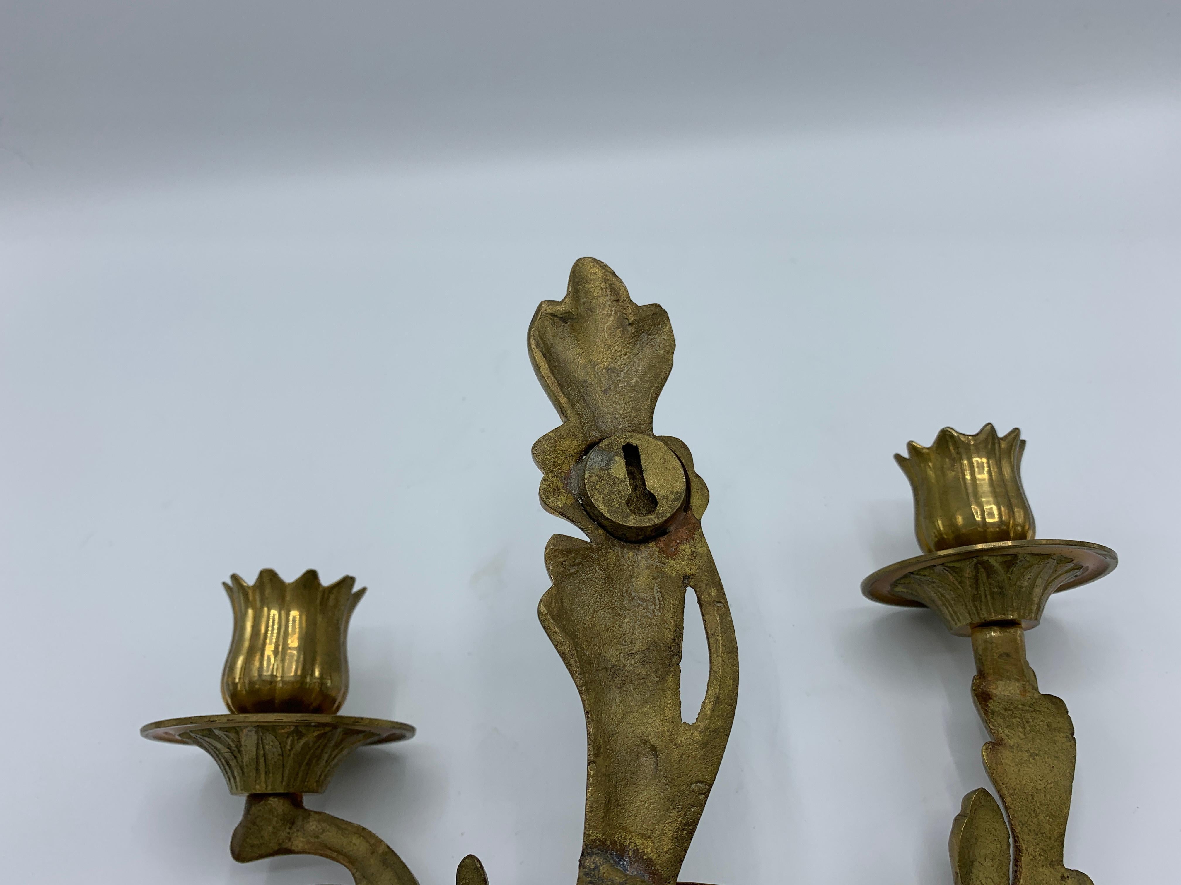 1970s Brass Acanthus Leaf Candlestick Wall Sconces, Pair 7