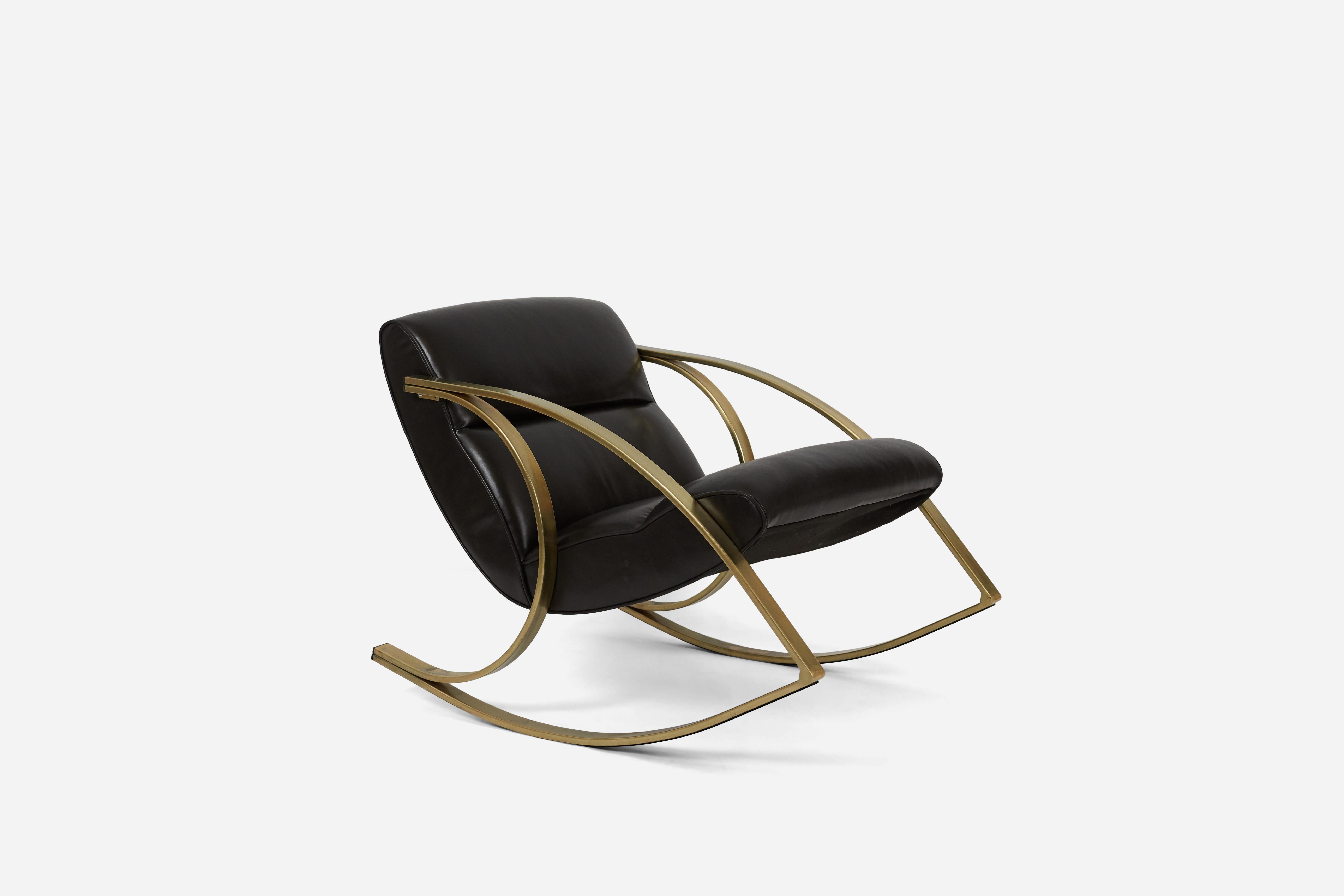Chic 1970s brass frame rocking chairs with new black leather upholstery. Fully restored. Pair available, priced individually.
