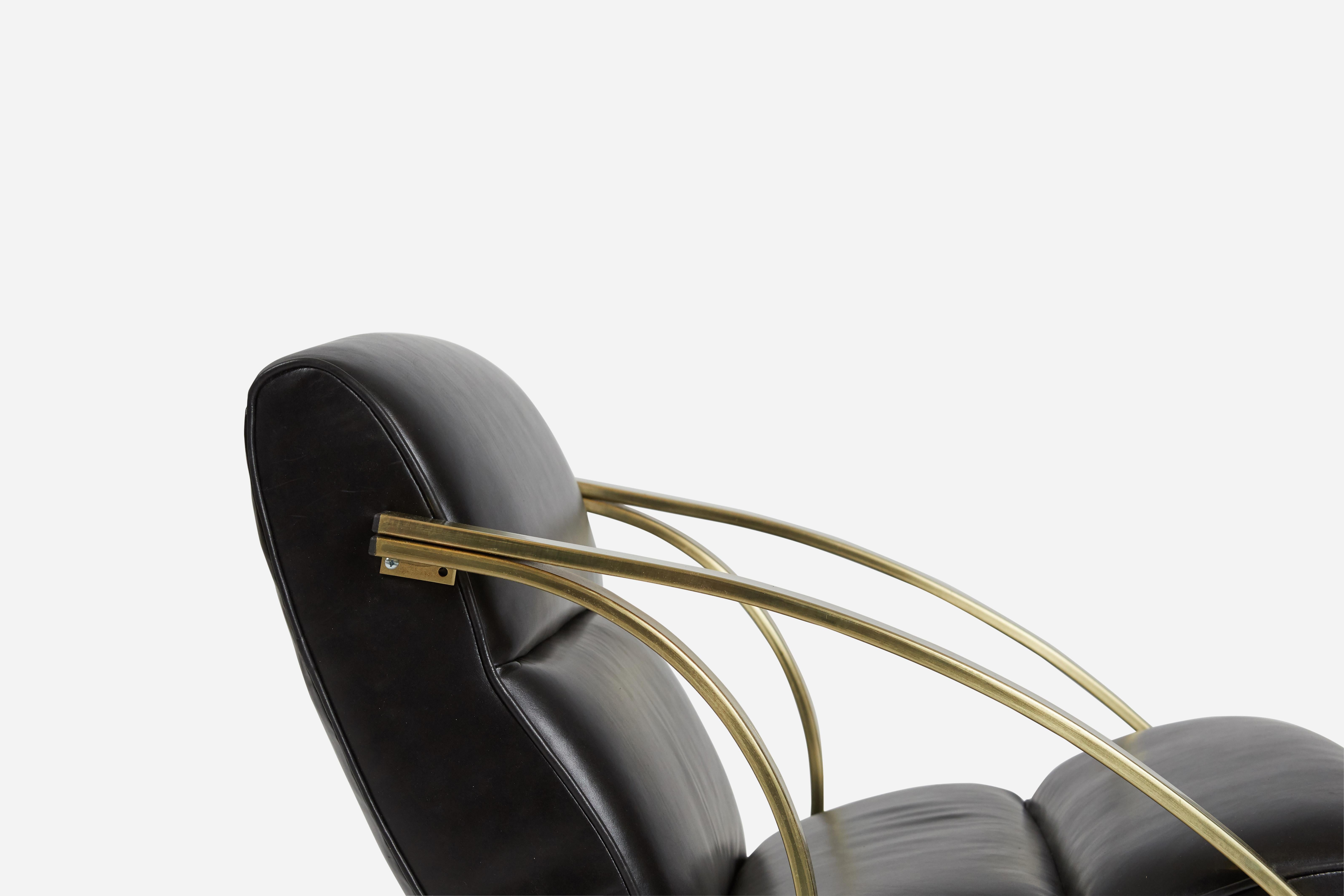 American 1970s Brass and Black Leather Rocker Chairs Milo Baughman Style