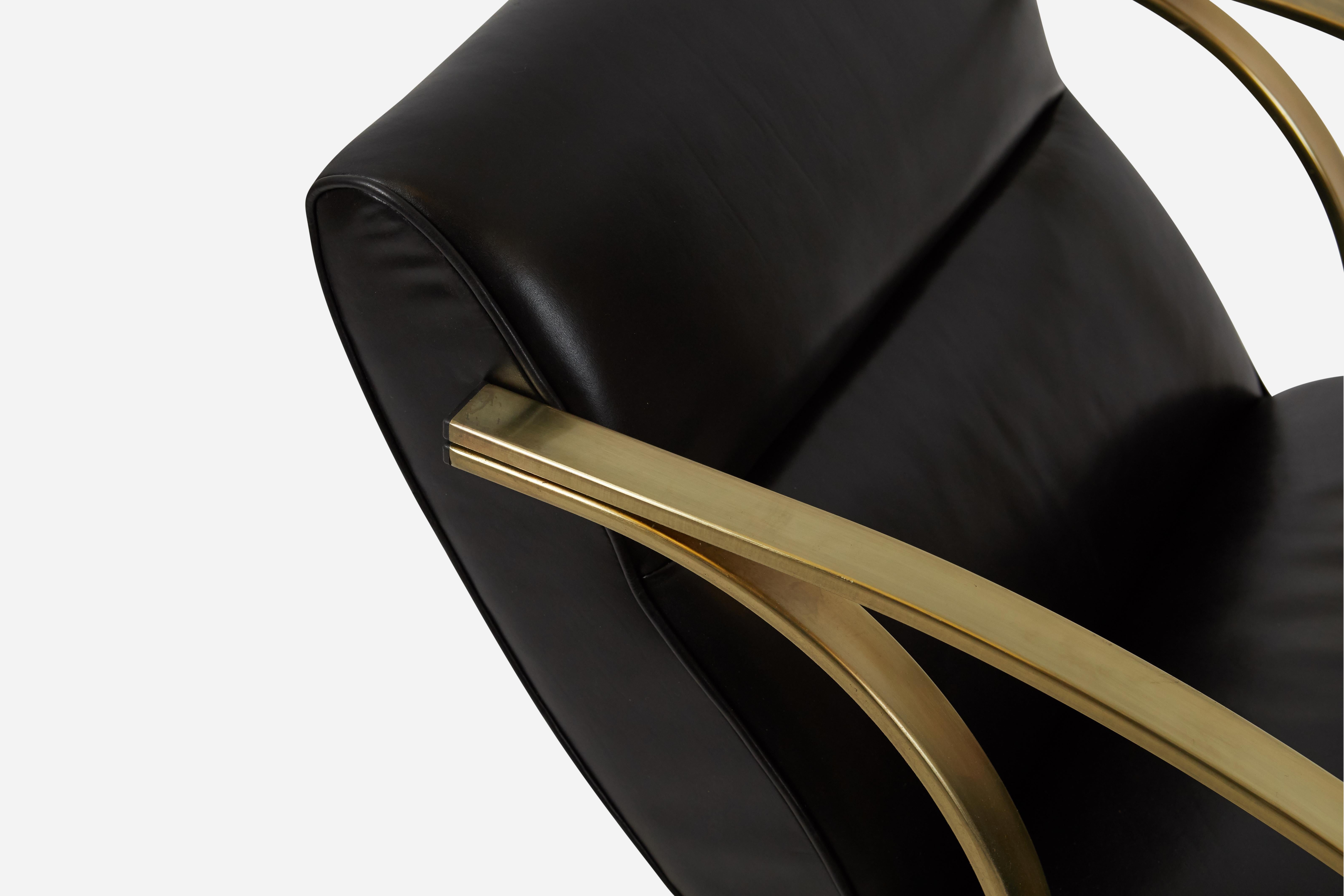 Late 20th Century 1970s Brass and Black Leather Rocker Chairs Milo Baughman Style