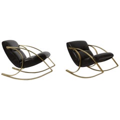 1970s Brass and Black Leather Rocker Chairs Milo Baughman Style