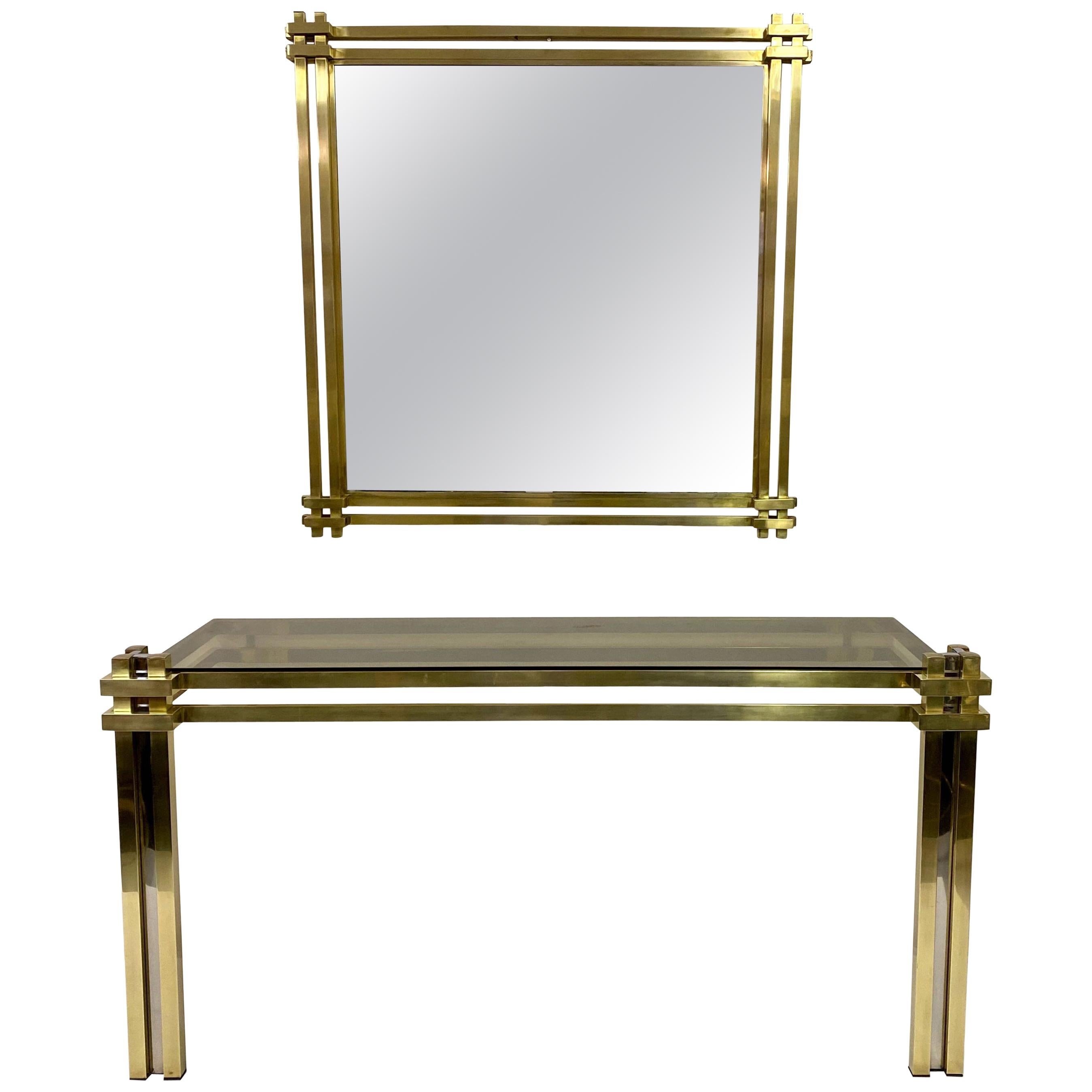 1970s Brass and Chrome Console Table and Mirror by Romeo Rega