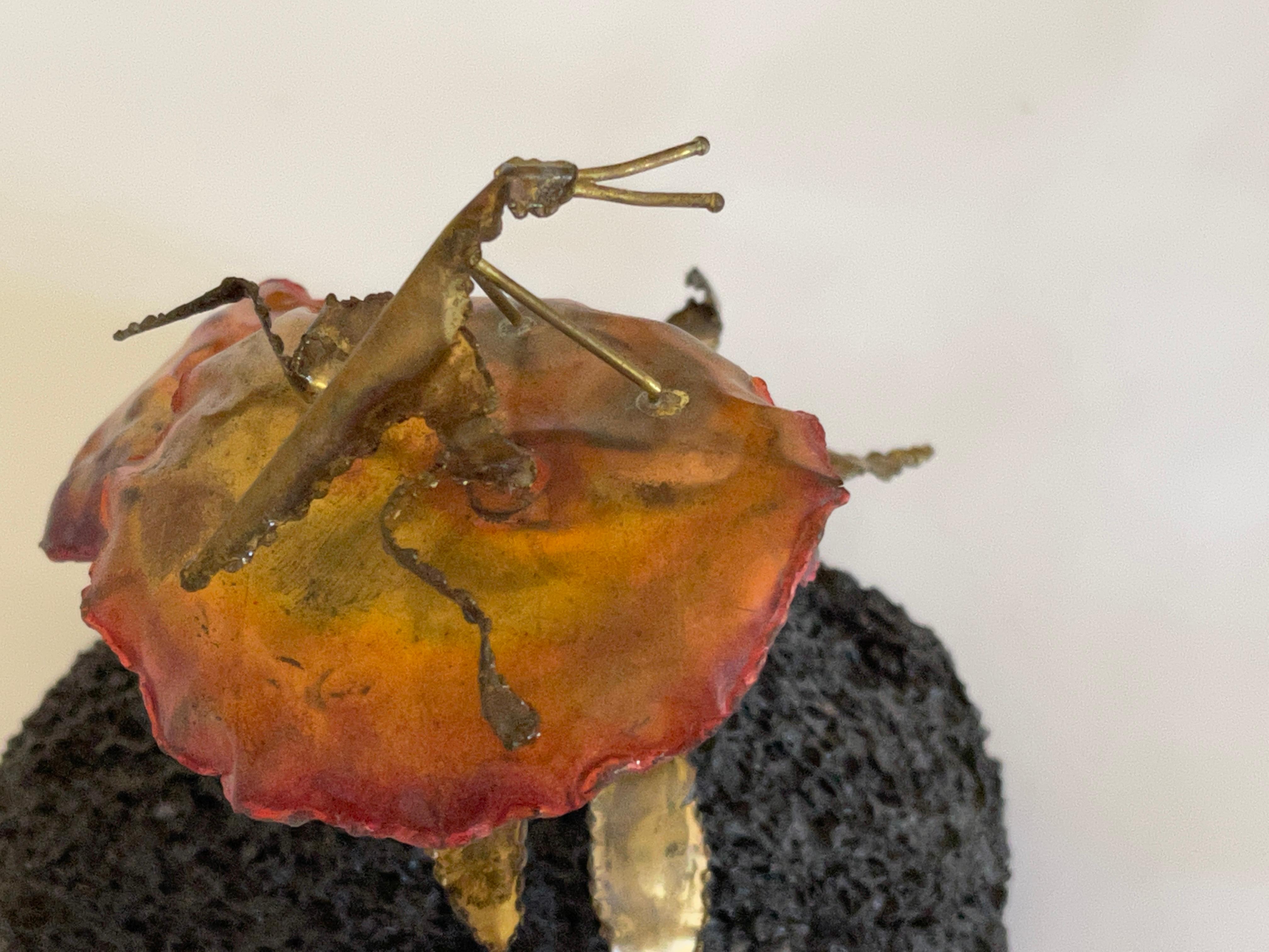 Patinated 1970's Brutalist Brass and Copper Grasshopper Sculpture w/ Lava Stone Base For Sale