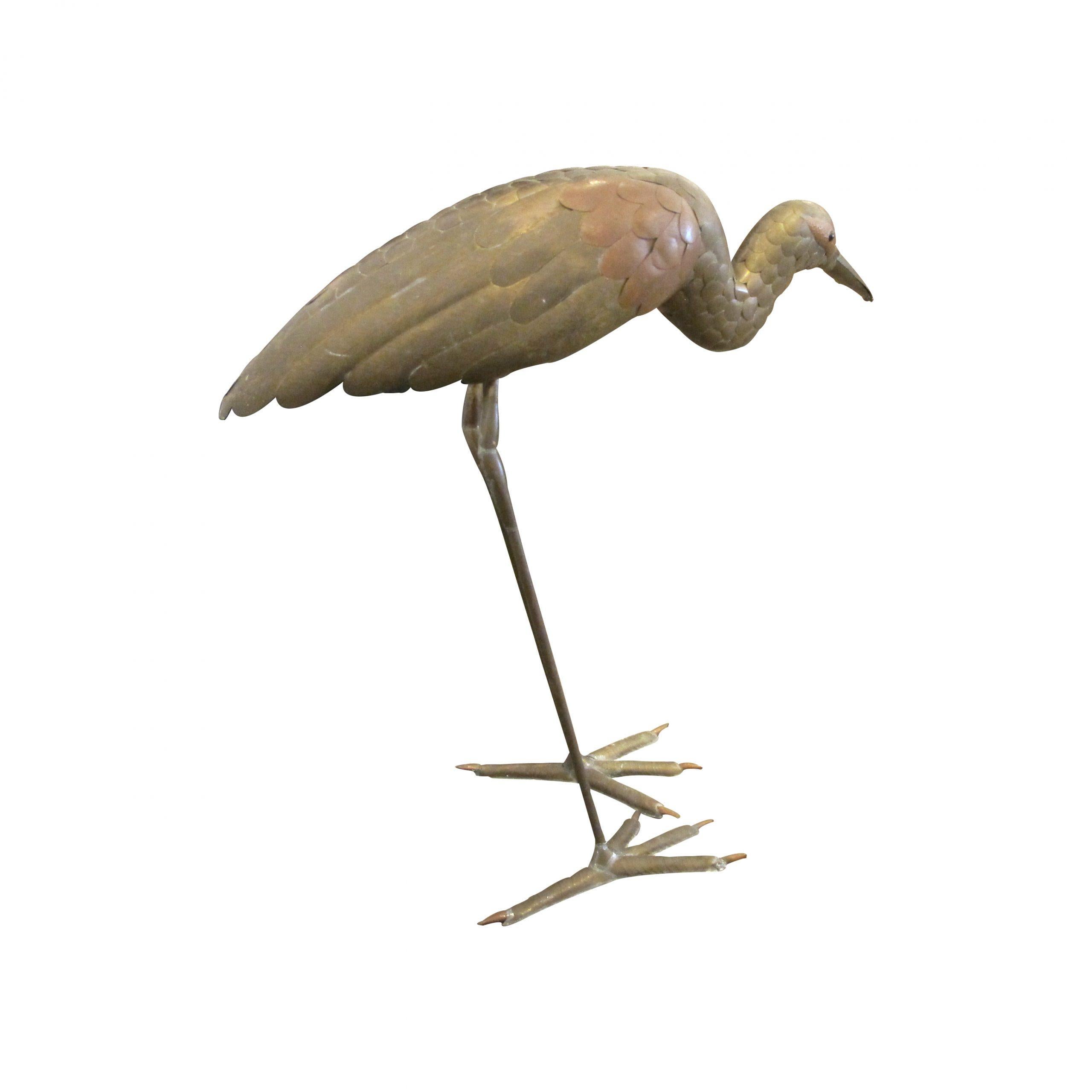 Hand-Crafted 1970s Brass and Copper Heron Sculpture By Sergio Bustamante, Mexican For Sale