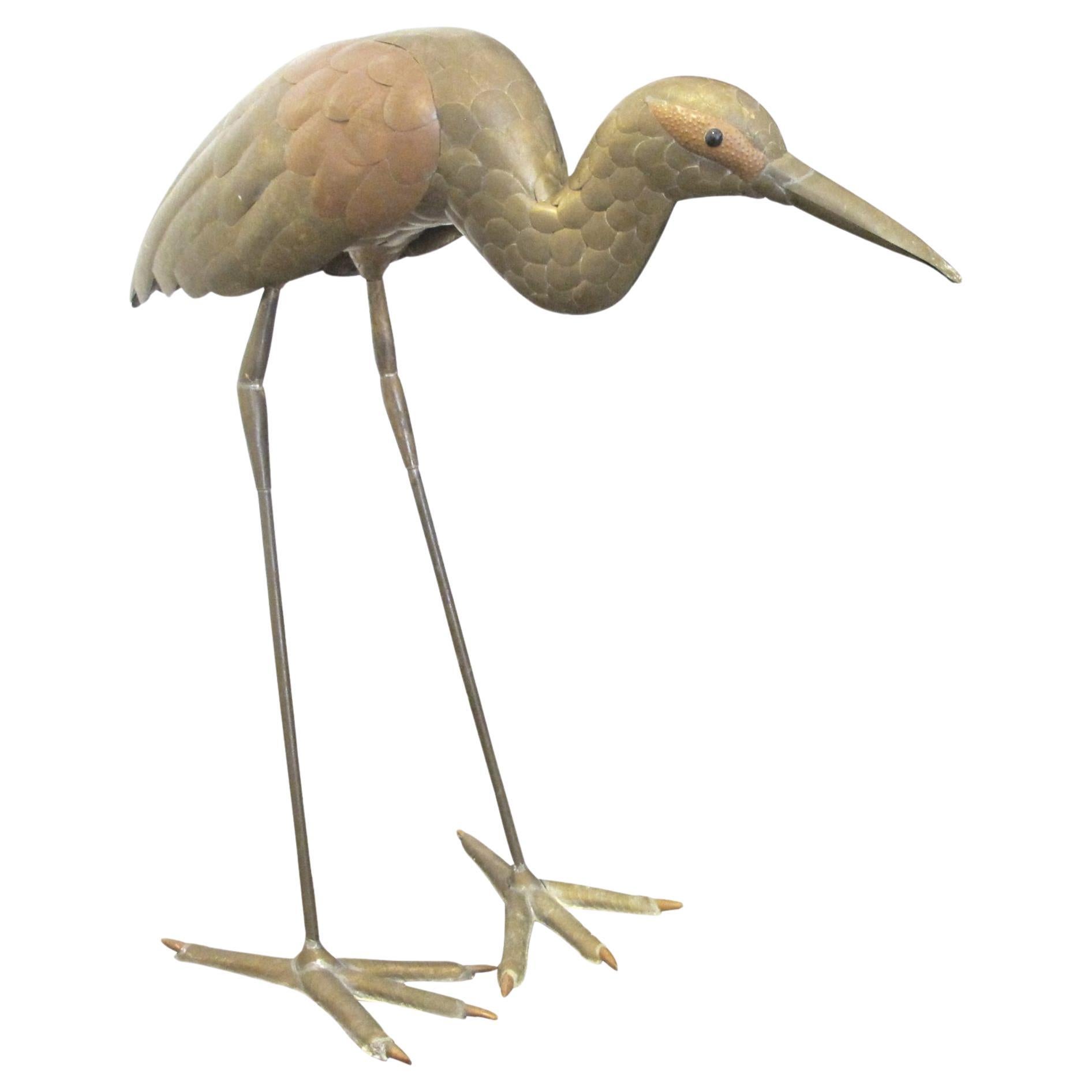 1970s Brass and Copper Heron Sculpture By Sergio Bustamante, Mexican For Sale