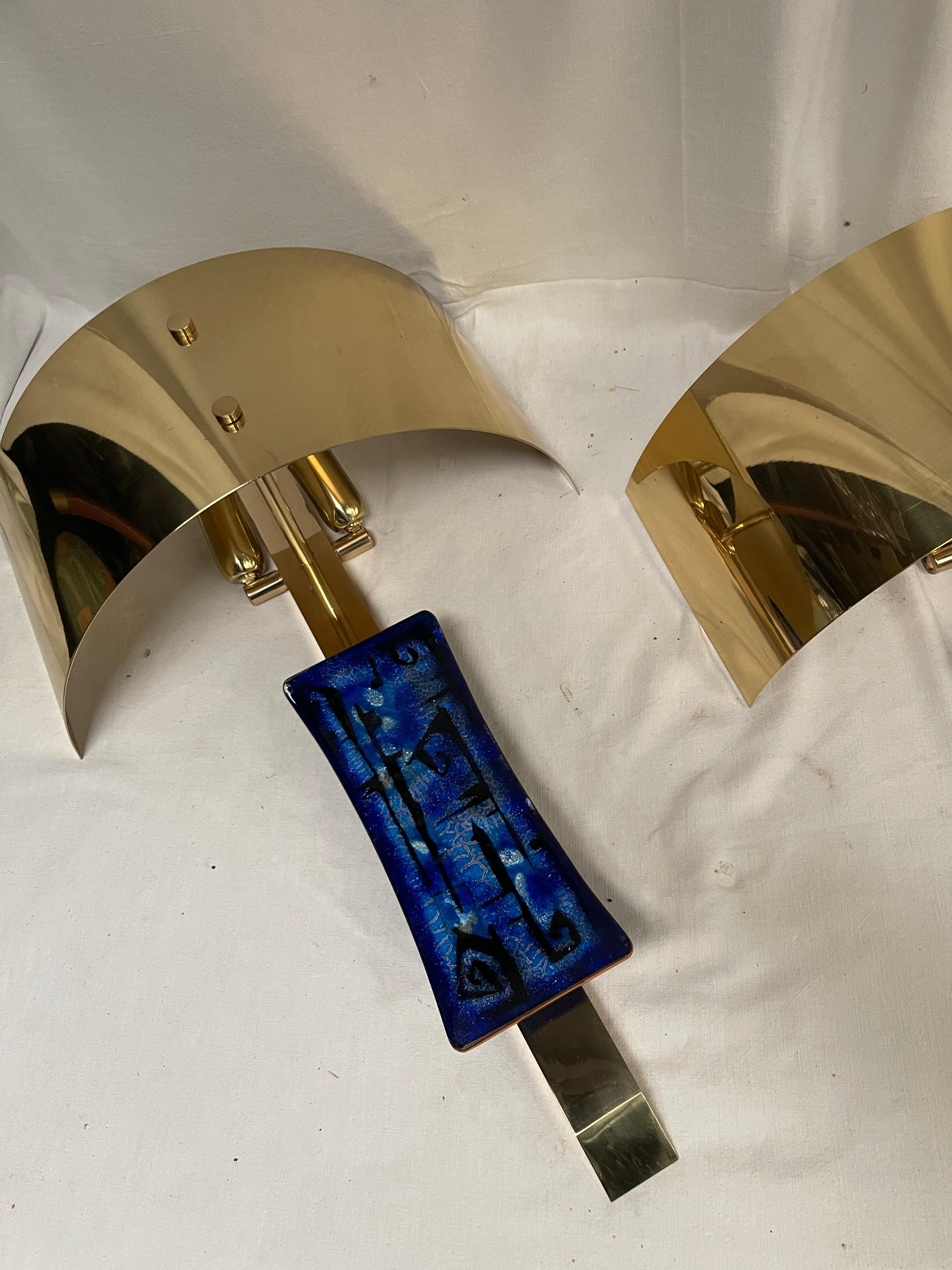 Italian 1970's brass and enamel sconces For Sale