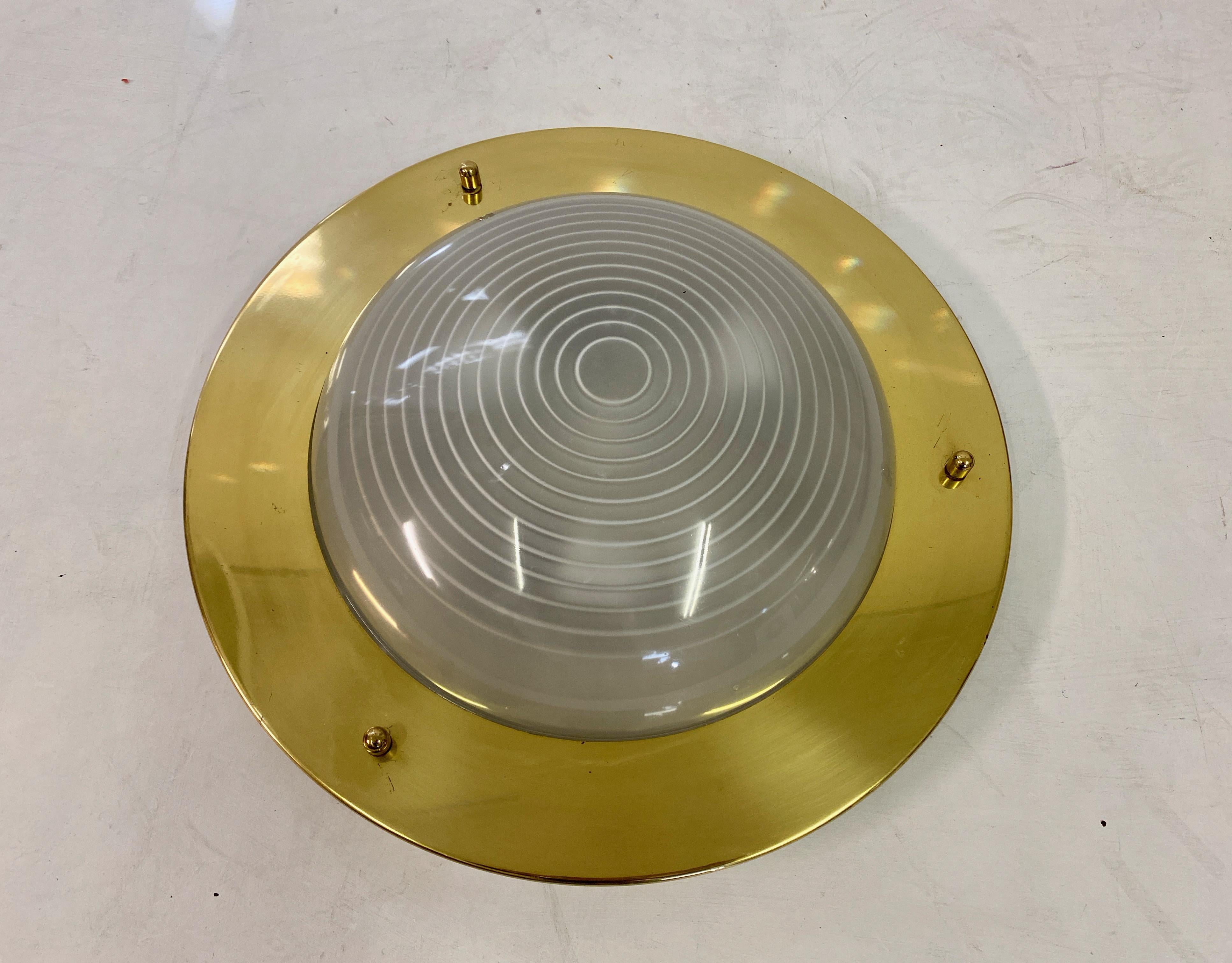 Mid-Century Modern 1970s Brass and Glass Flush Mounted Light For Sale