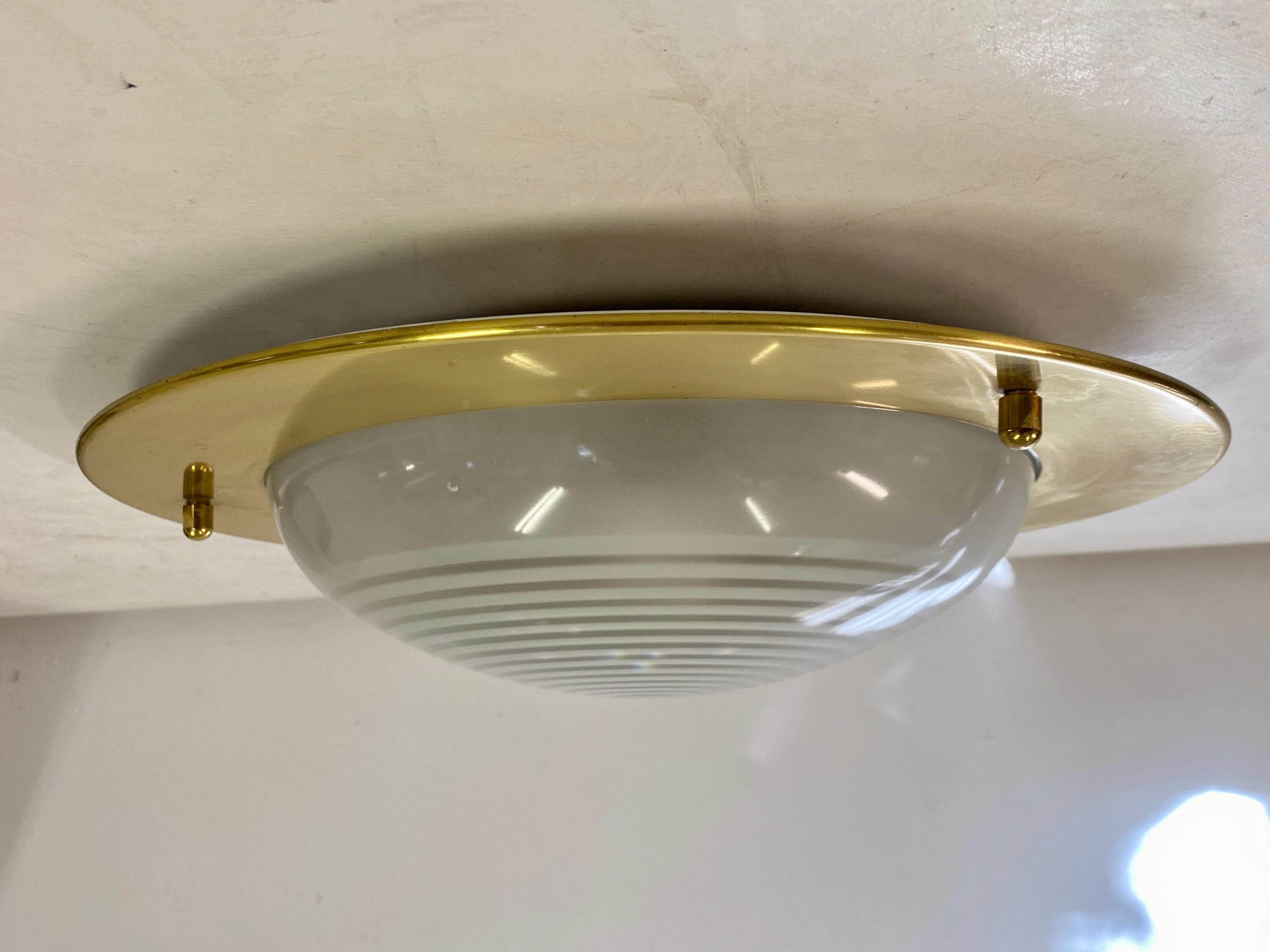 Italian 1970s Brass and Glass Flush Mounted Light For Sale