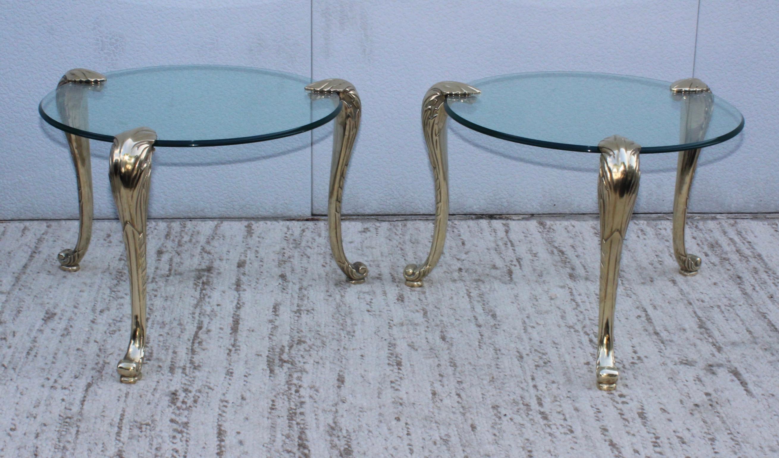 1970s modern large pair of brass legs with beveled glass tripod side tables.