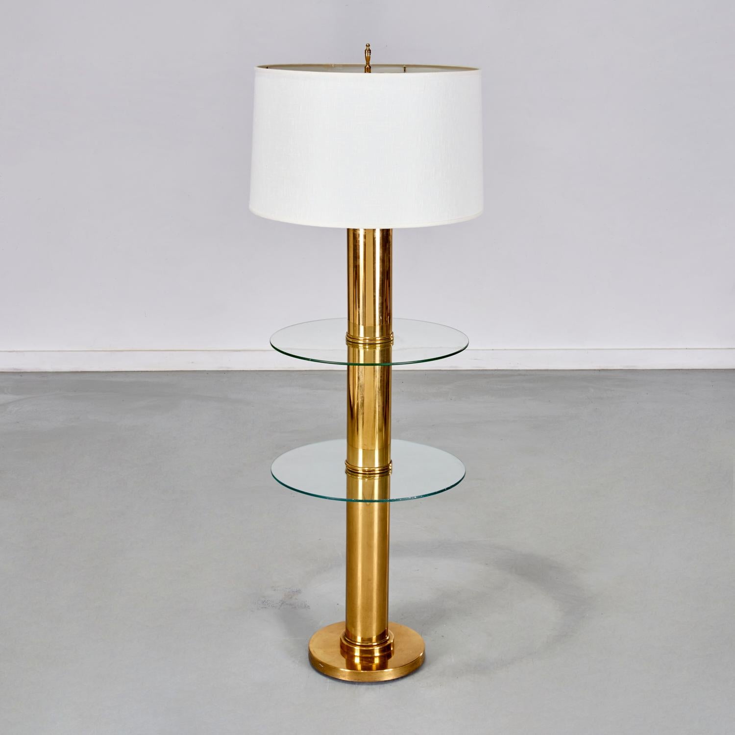 Cast 1970's Brass and Glass Two-Tier Floor Lamp with White Linen Shade For Sale