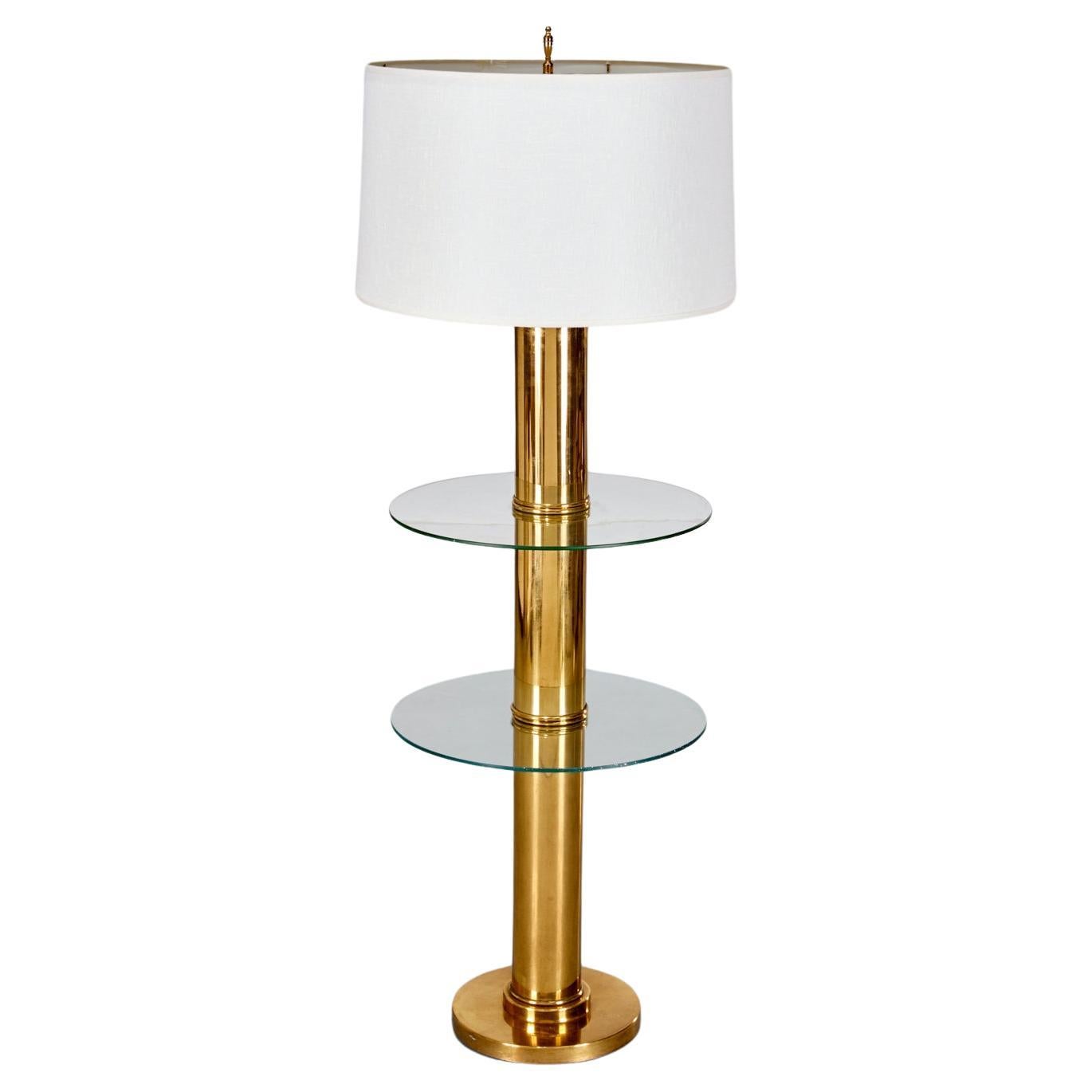 1970's Brass and Glass Two-Tier Floor Lamp with White Linen Shade For Sale