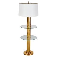 Retro 1970's Brass and Glass Two-Tier Floor Lamp with White Linen Shade