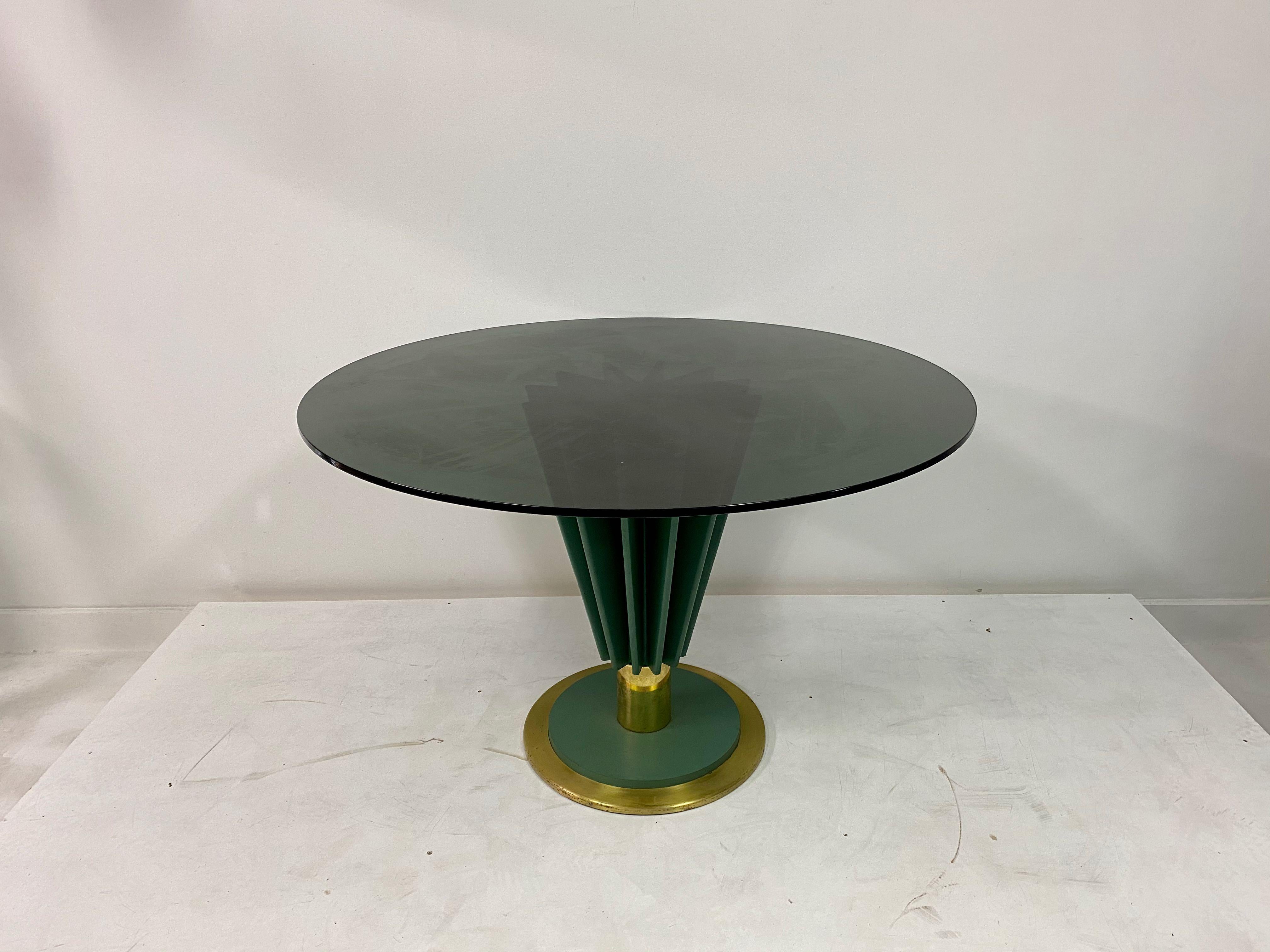 Hollywood Regency 1970s Brass and Green Painted Iron Dining Table by Pierre Cardin