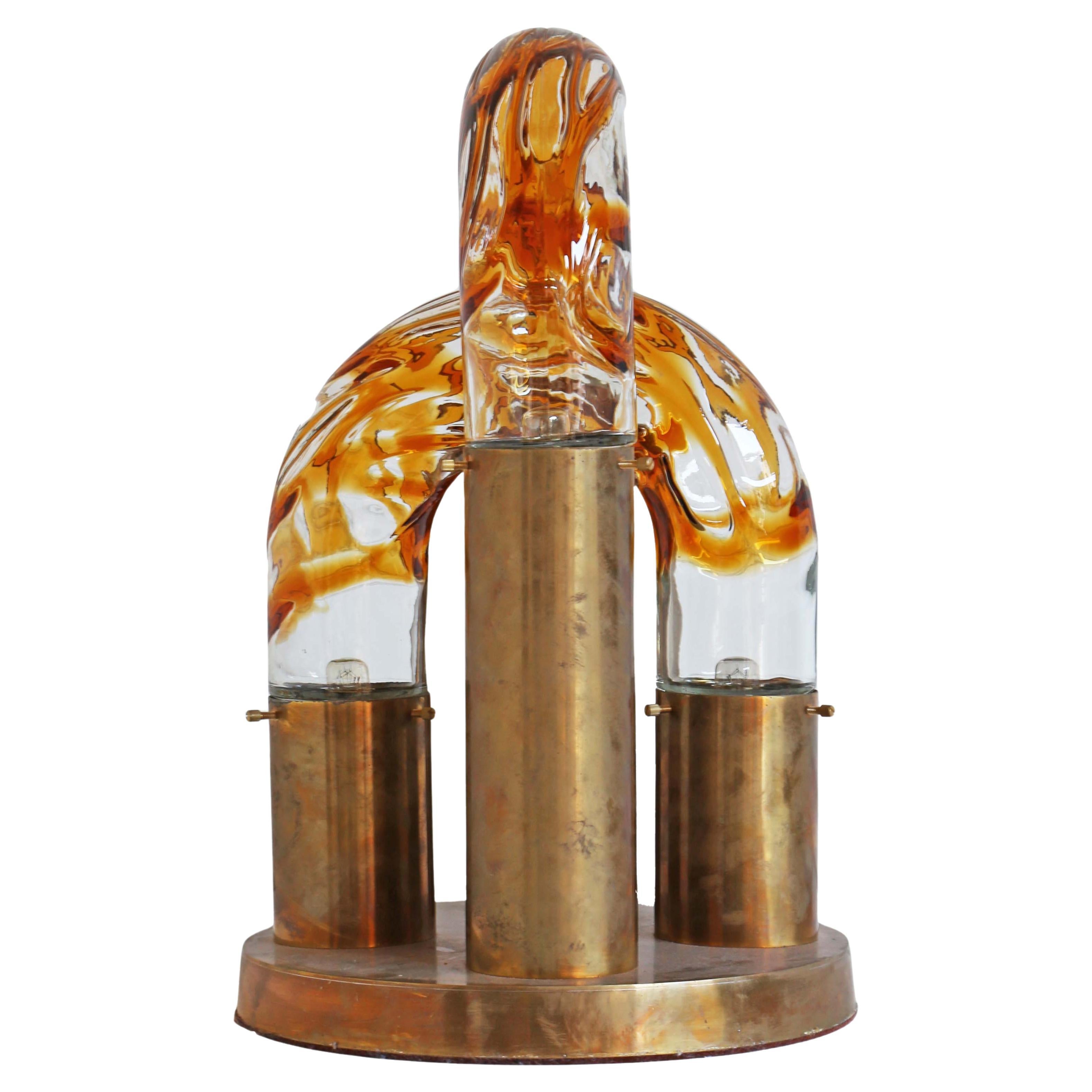 1970s Brass and Murano Glass Table Lamp For Sale
