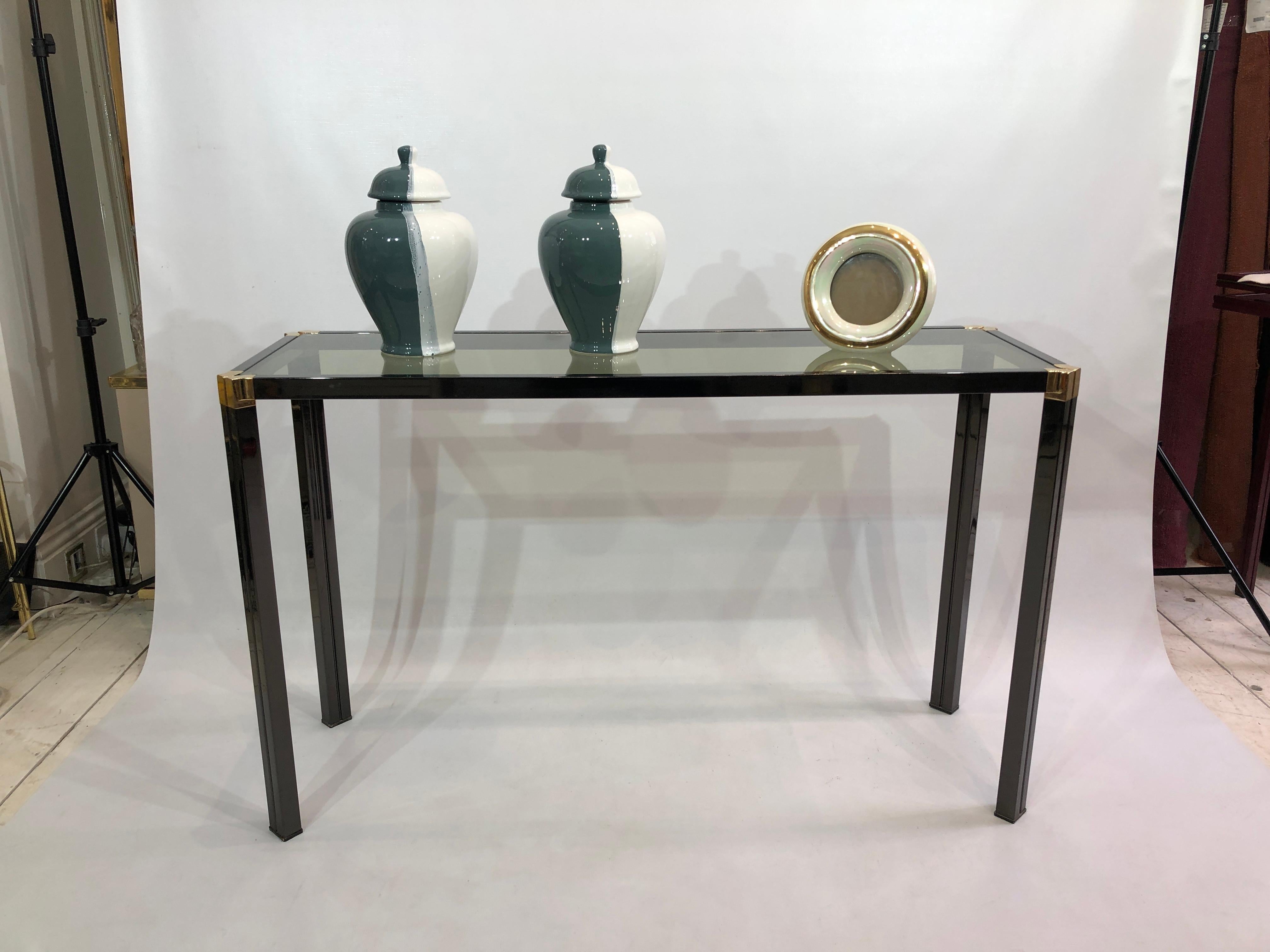 French 1970s Brass and Smoked Glass Console Table Hollywood Regency Glamour Retro For Sale