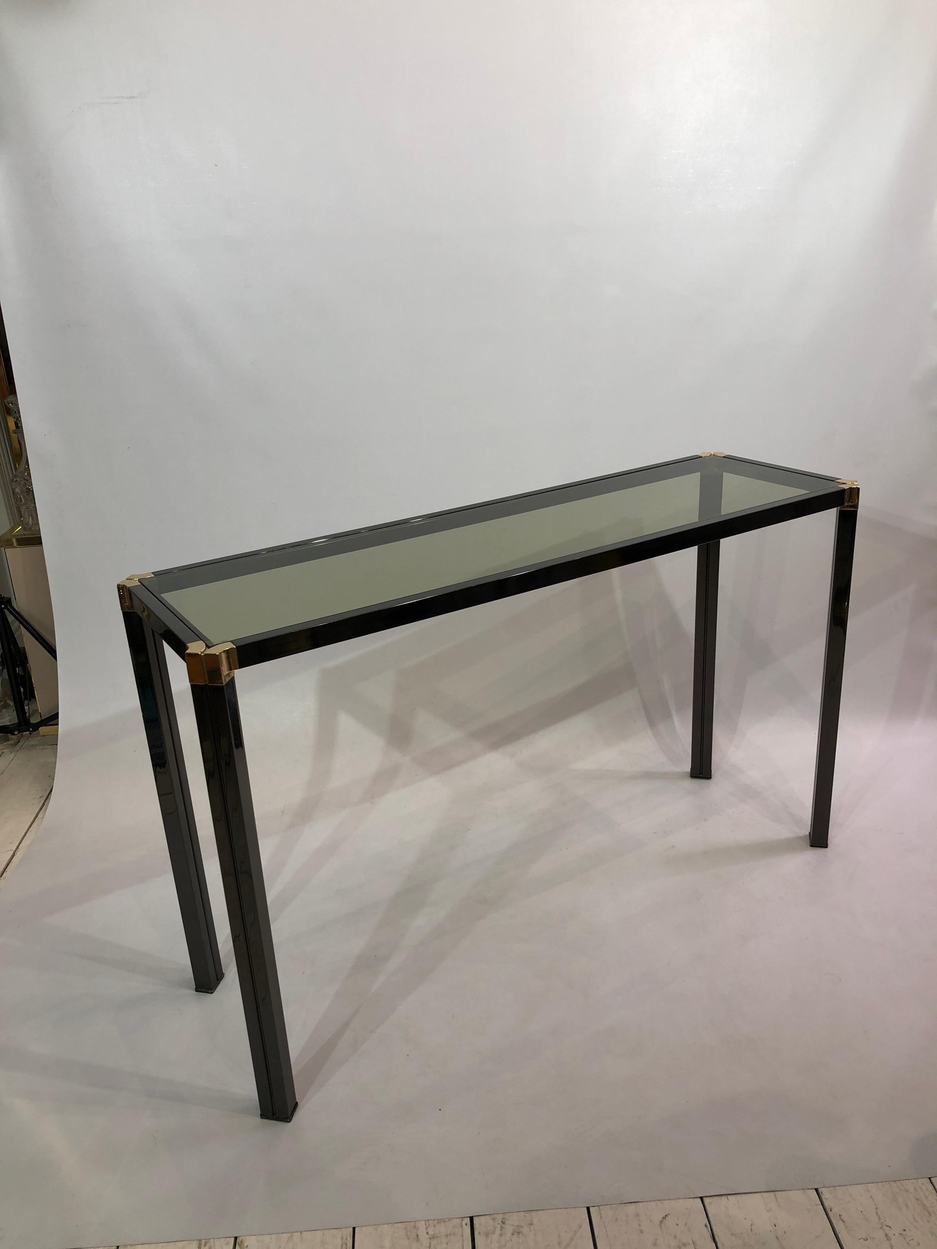 Late 20th Century 1970s Brass and Smoked Glass Console Table Hollywood Regency Glamour Retro For Sale