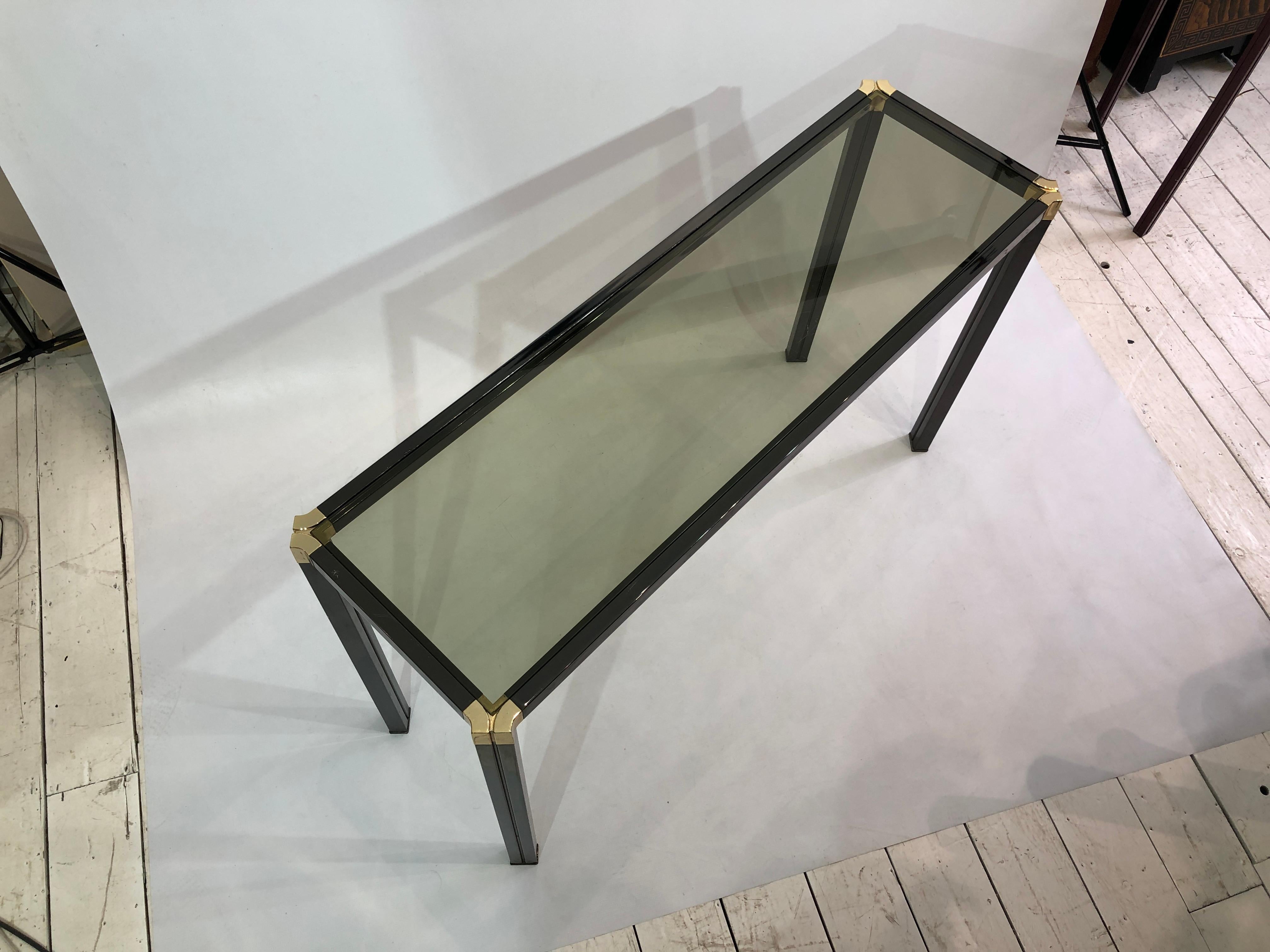 Metal 1970s Brass and Smoked Glass Console Table Hollywood Regency Glamour Retro For Sale