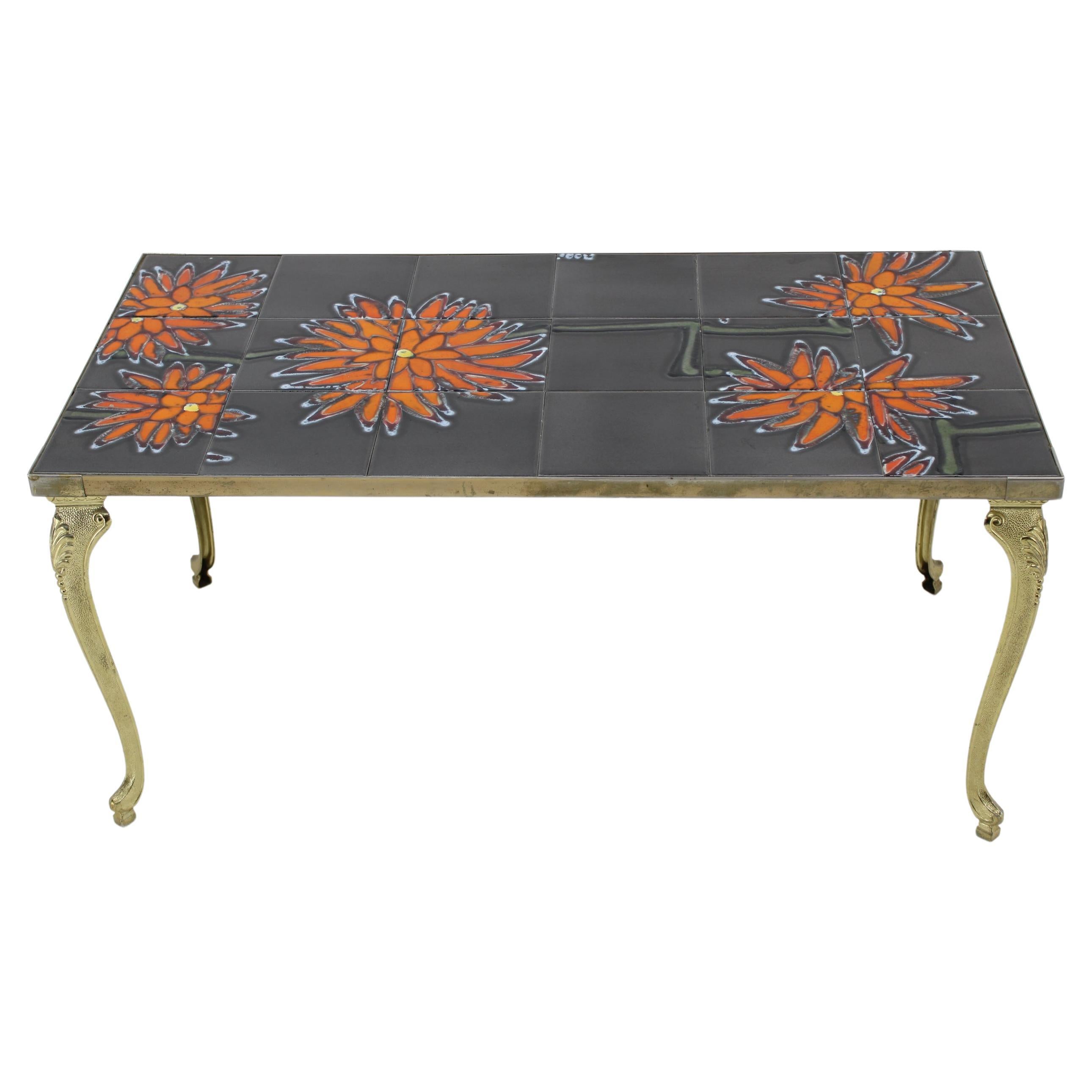 1970s Brass And Tiled Coffee Table, Italy  For Sale