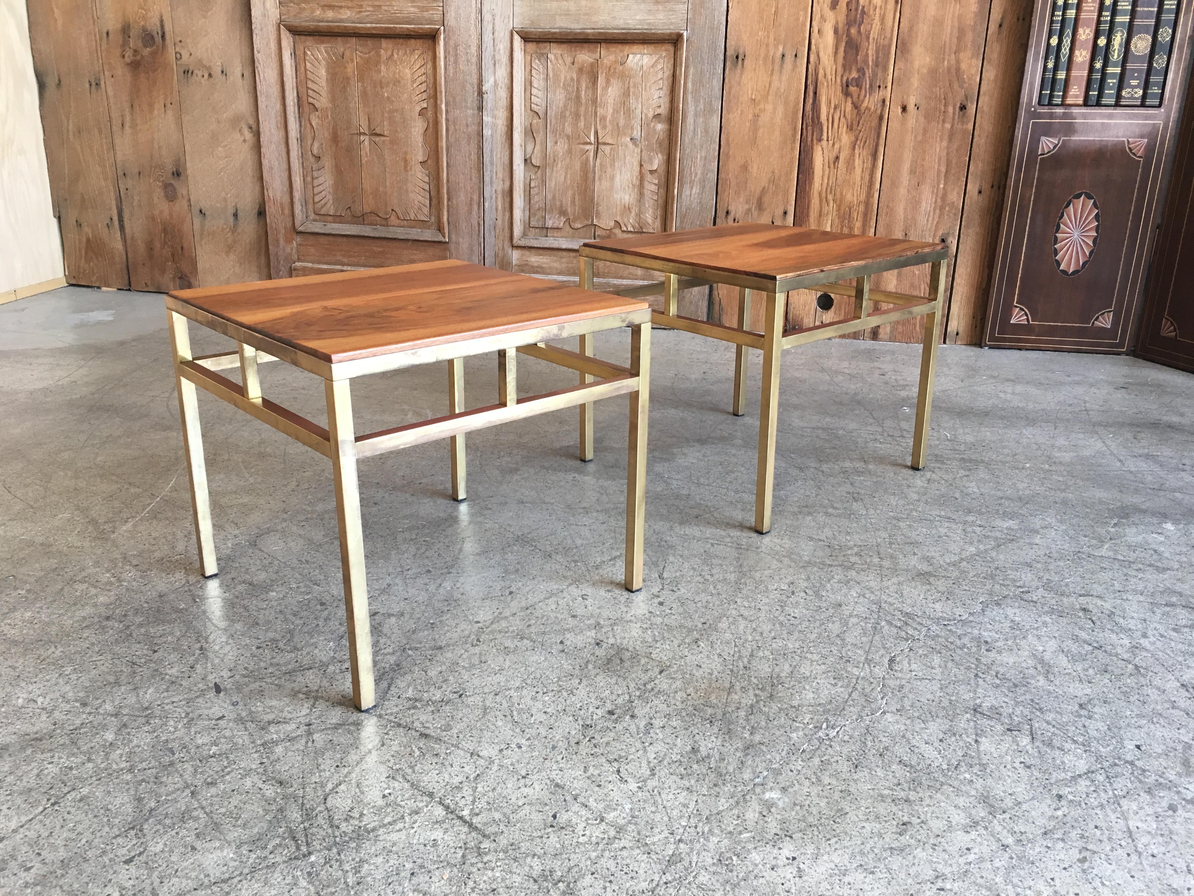 Pair of solid brass angular side tables with solid walnut tops.