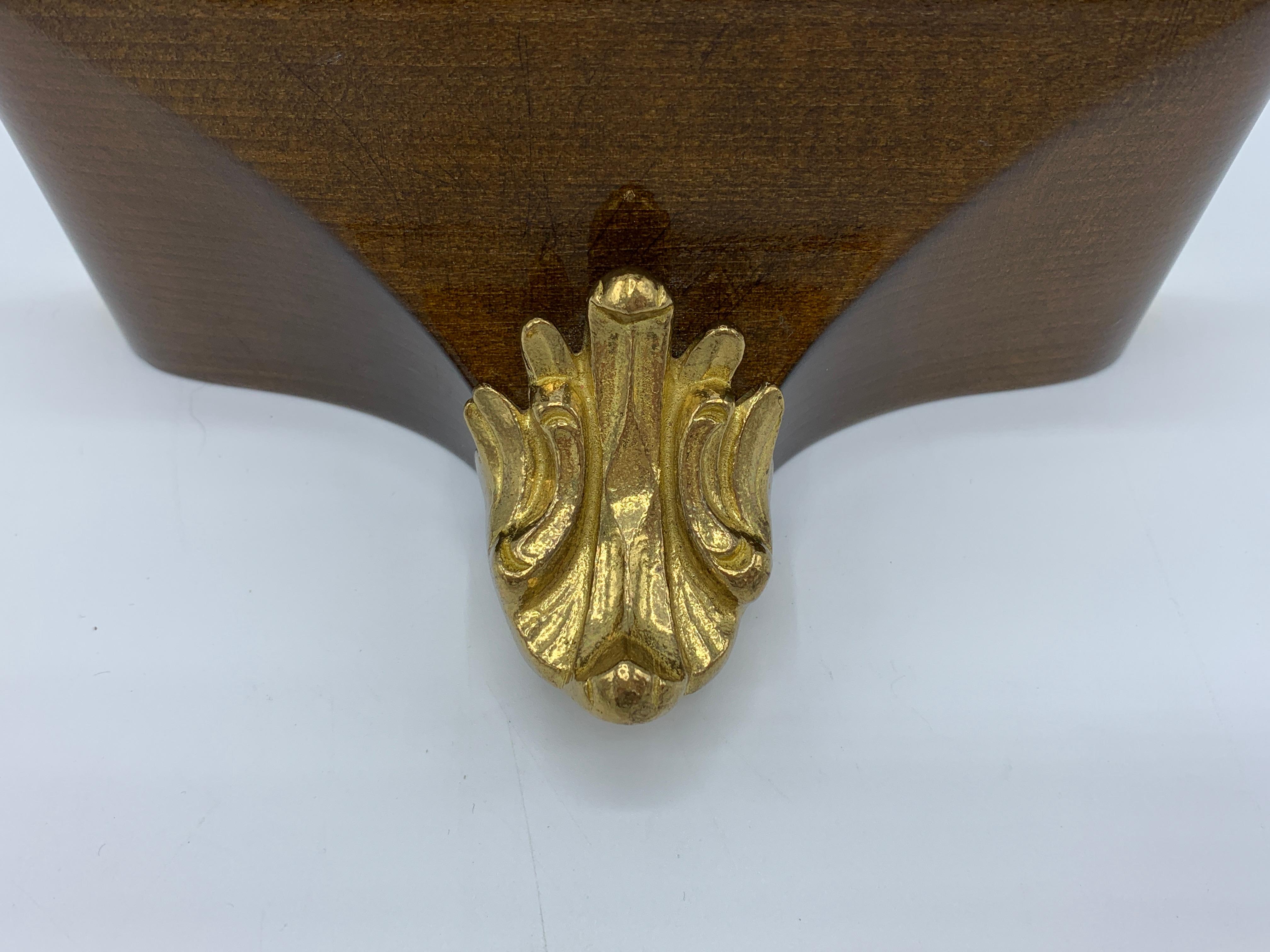 Polished 1970s Brass and Walnut Wall Shelf