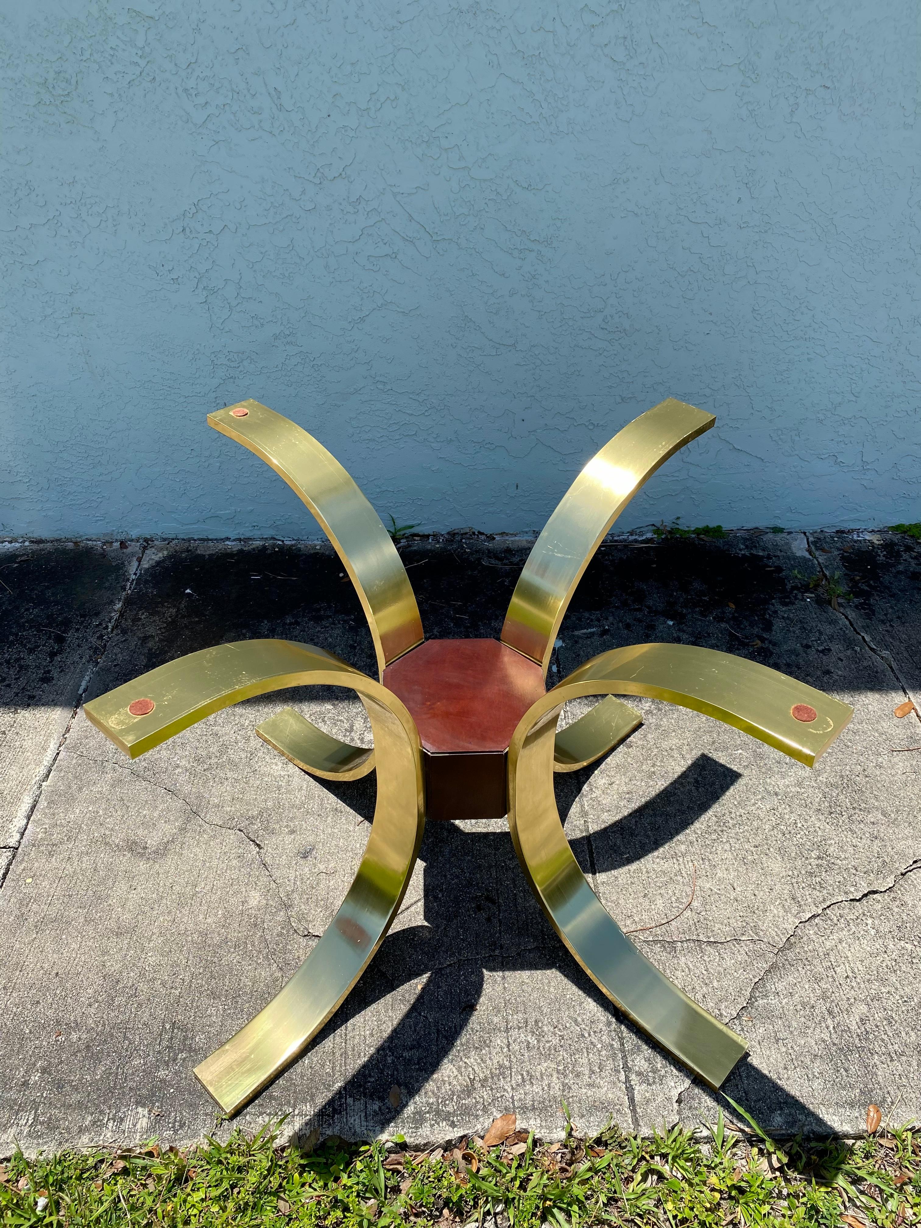 1970s Mastercraft Sculptural Brass Wood Smoke Hexagonal Dining Table, Set of 5 For Sale 8