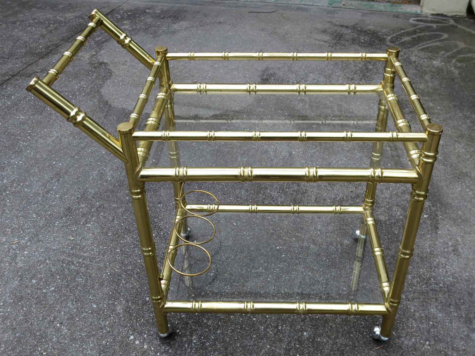 Late 20th Century 1970s Brass Faux Bamboo and Glass Bar Cart