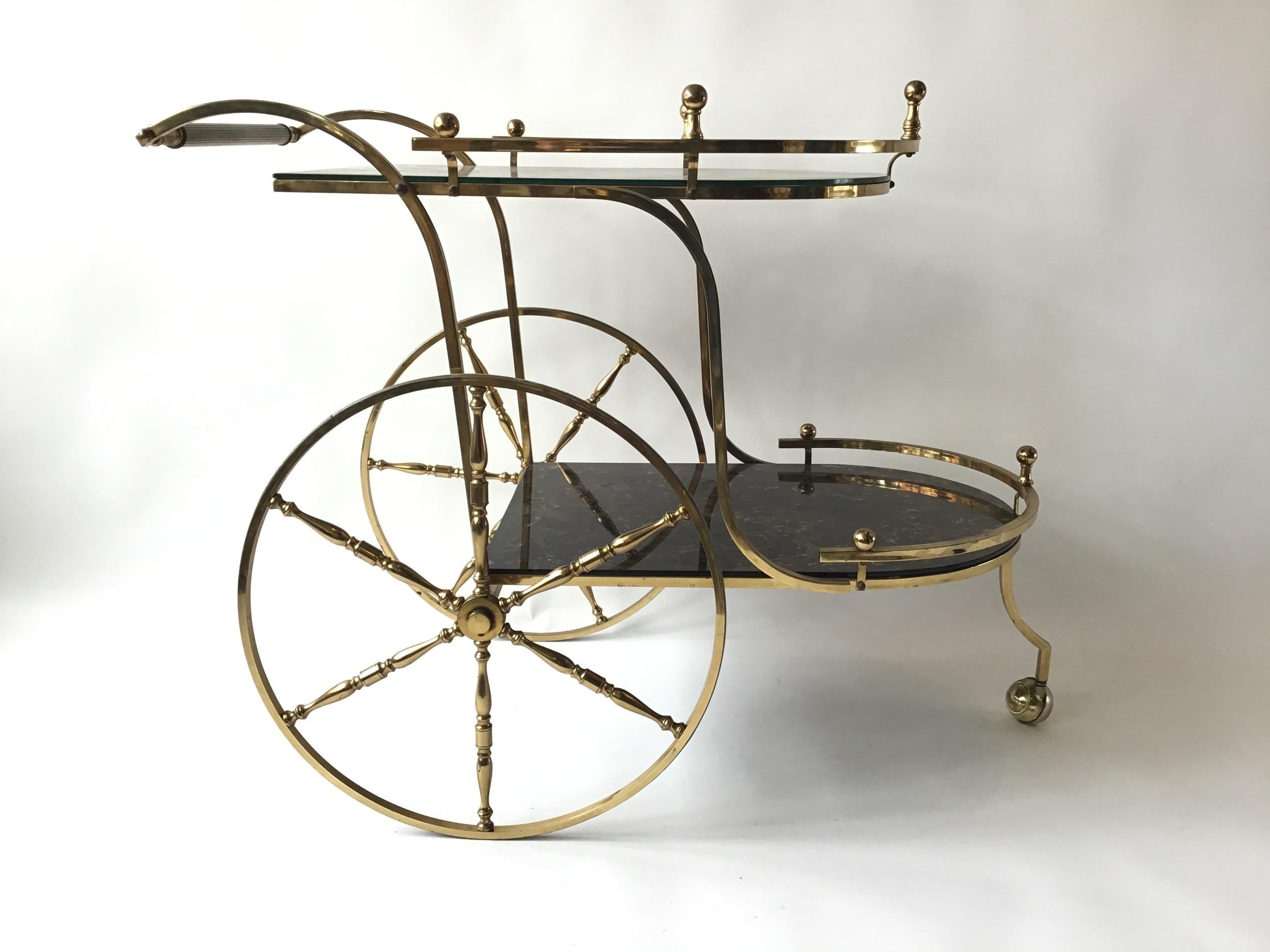 1970s brass bar cart. Marbelized paper applied to glass for shelves.