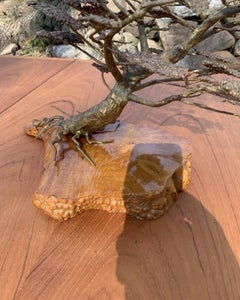 1970s Brass Bonsai Tree Sculpture Art on Burl Wood