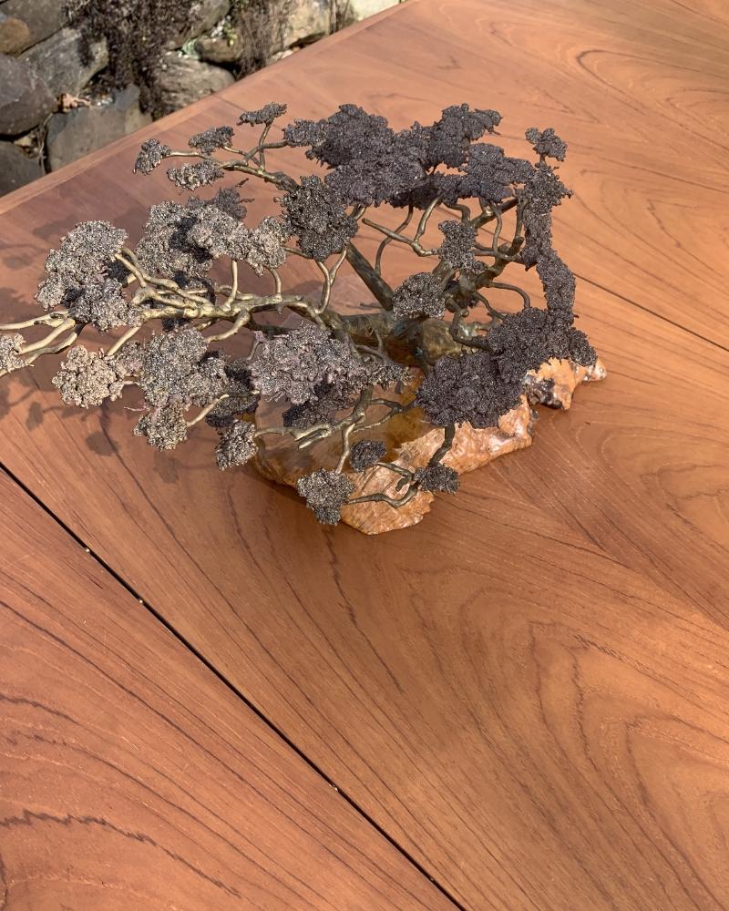 1970s Brass Bonsai Tree Sculpture Art on Burl Wood In Good Condition In Saddle River, NJ