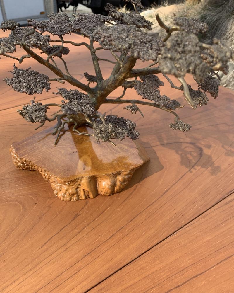 Late 20th Century 1970s Brass Bonsai Tree Sculpture Art on Burl Wood