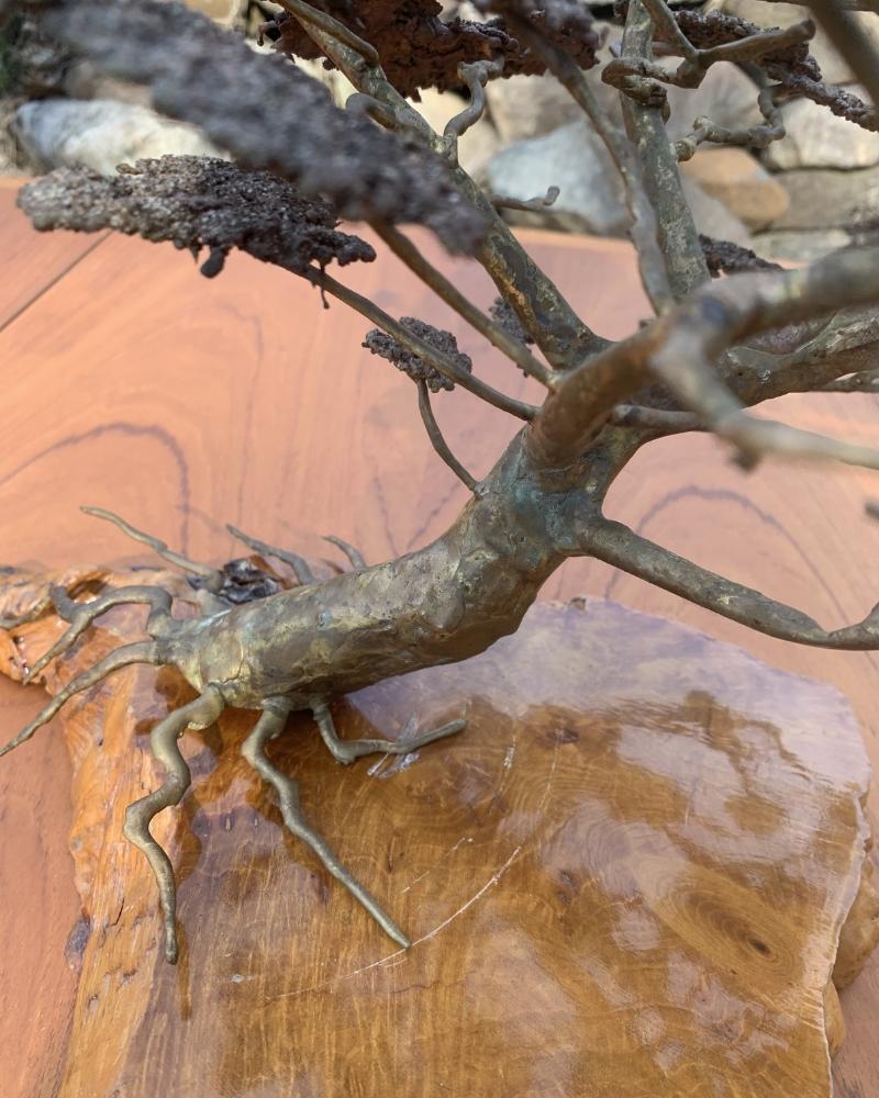 1970s Brass Bonsai Tree Sculpture Art on Burl Wood 1