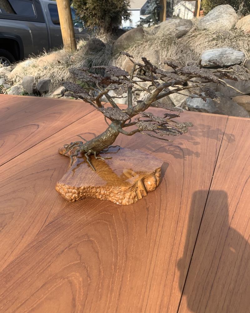 1970s Brass Bonsai Tree Sculpture Art on Burl Wood 2