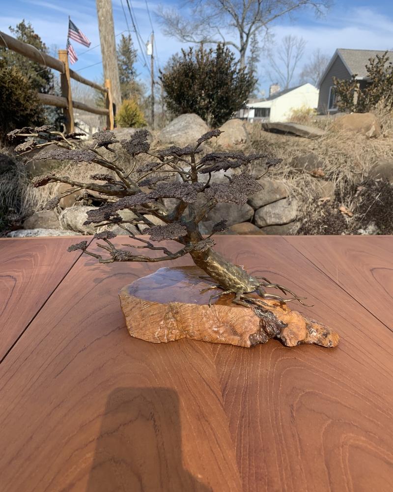 1970s Brass Bonsai Tree Sculpture Art on Burl Wood 3
