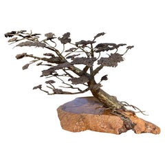 1970s Brass Bonsai Tree Sculpture Art on Burl Wood