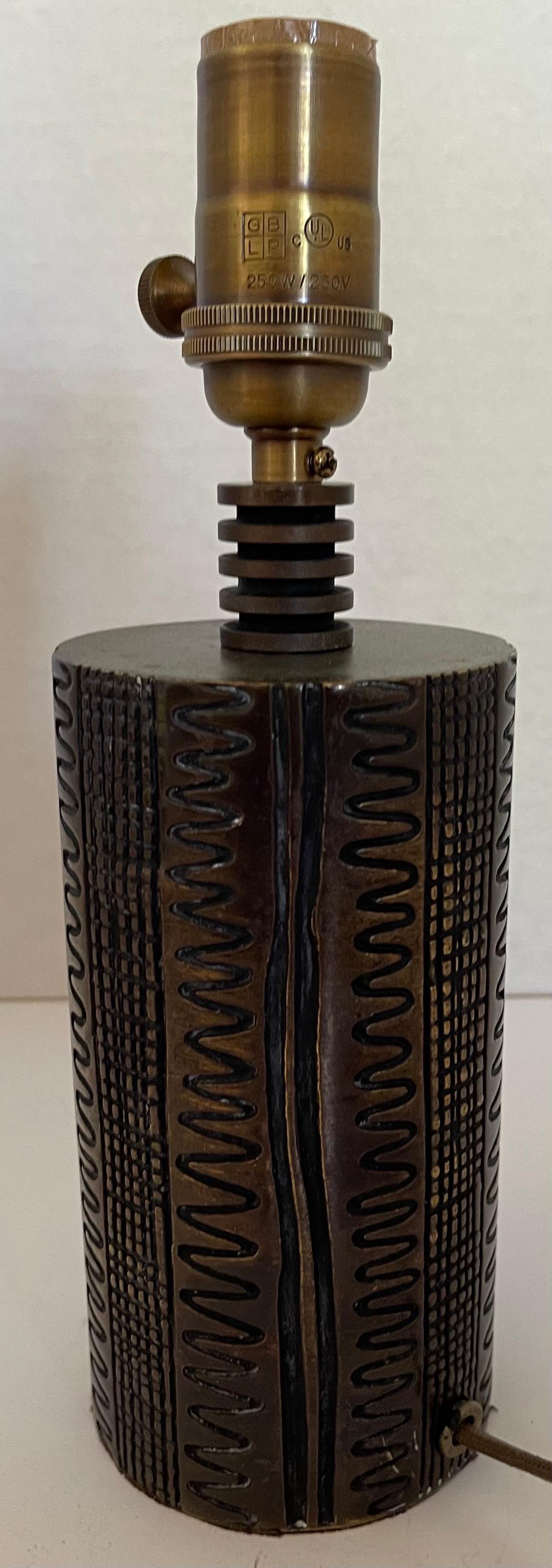 Grasscloth 1970s Brass Brutalist Style Petite Table Lamp For Sale