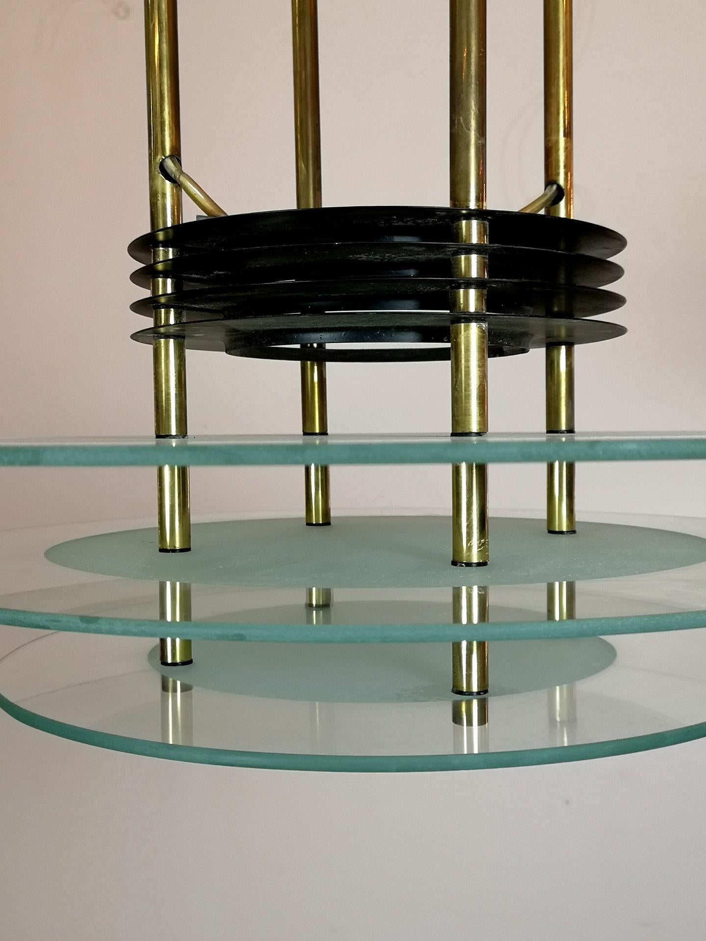 European Mid-Century Brass Chandelier with Three Glass Panels 1970s  For Sale