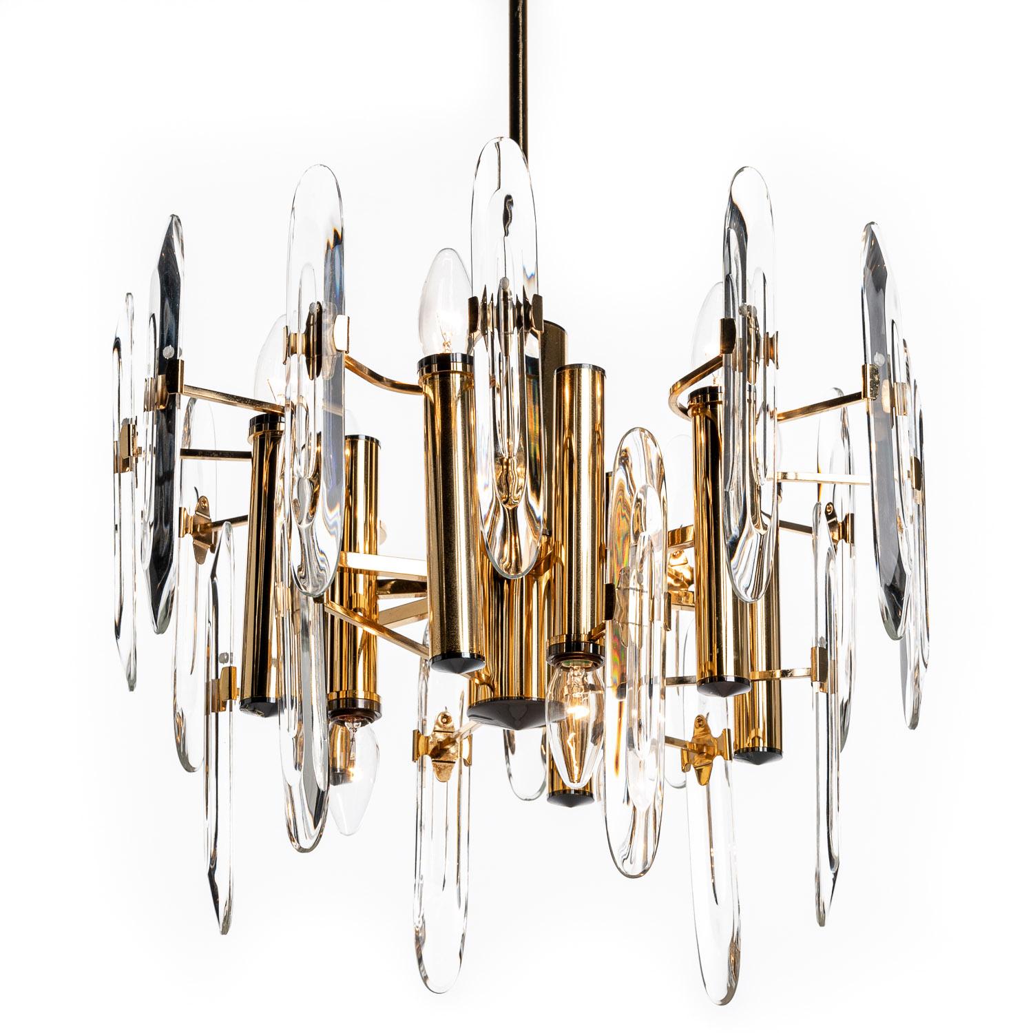 1970's Brass, Chrome & Glass Chandelier by Gaetano Sciolari In Good Condition For Sale In Amsterdam, NH
