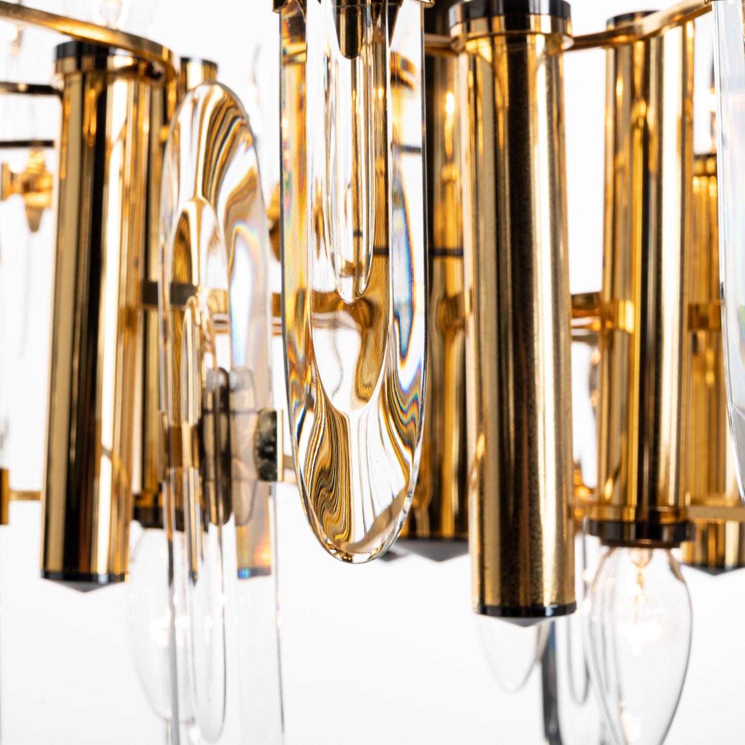 20th Century 1970's Brass, Chrome & Glass Chandelier by Gaetano Sciolari For Sale