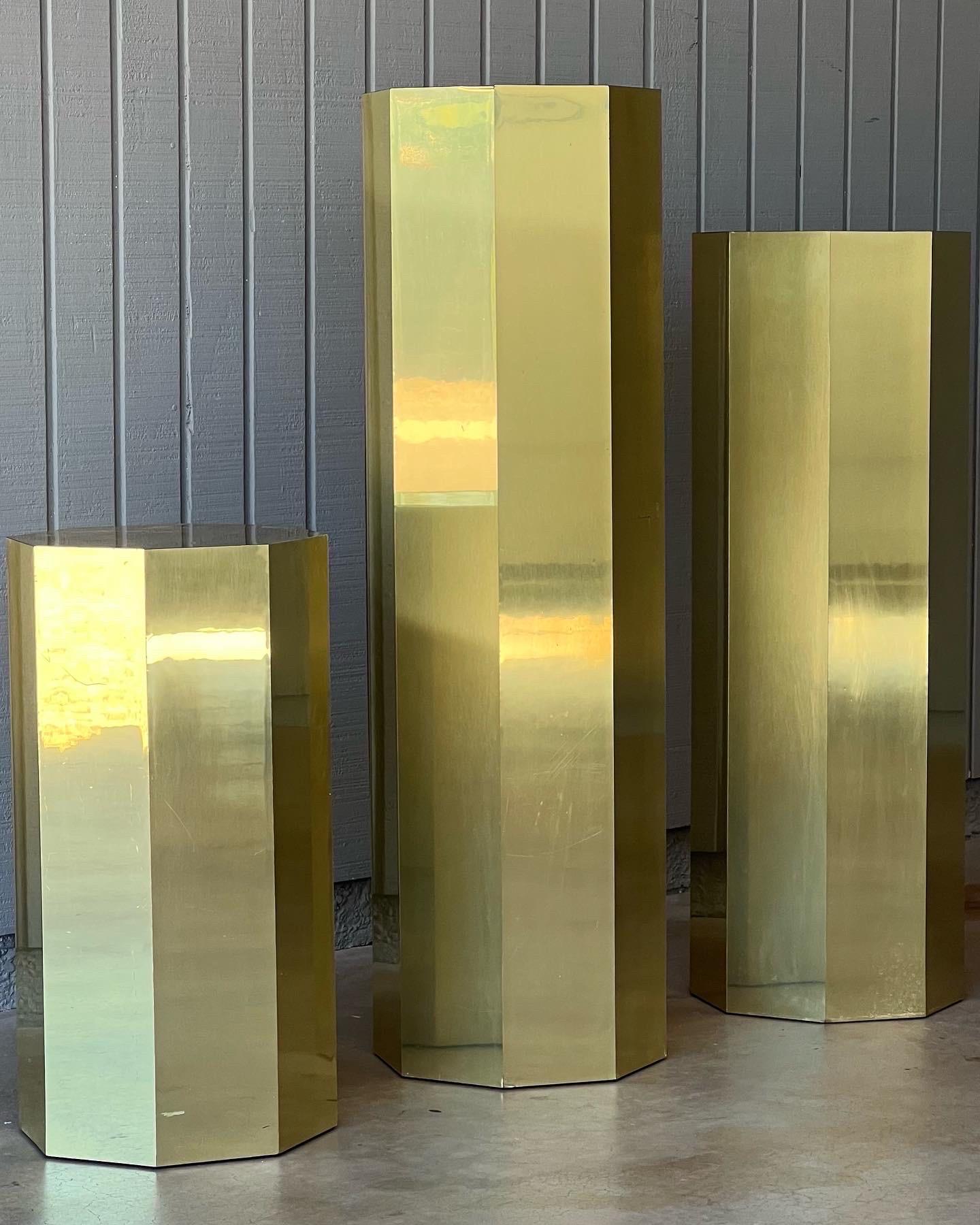Hollywood Regency 1970s Brass Clad Octagon Shape Set of Three Pedestals For Sale