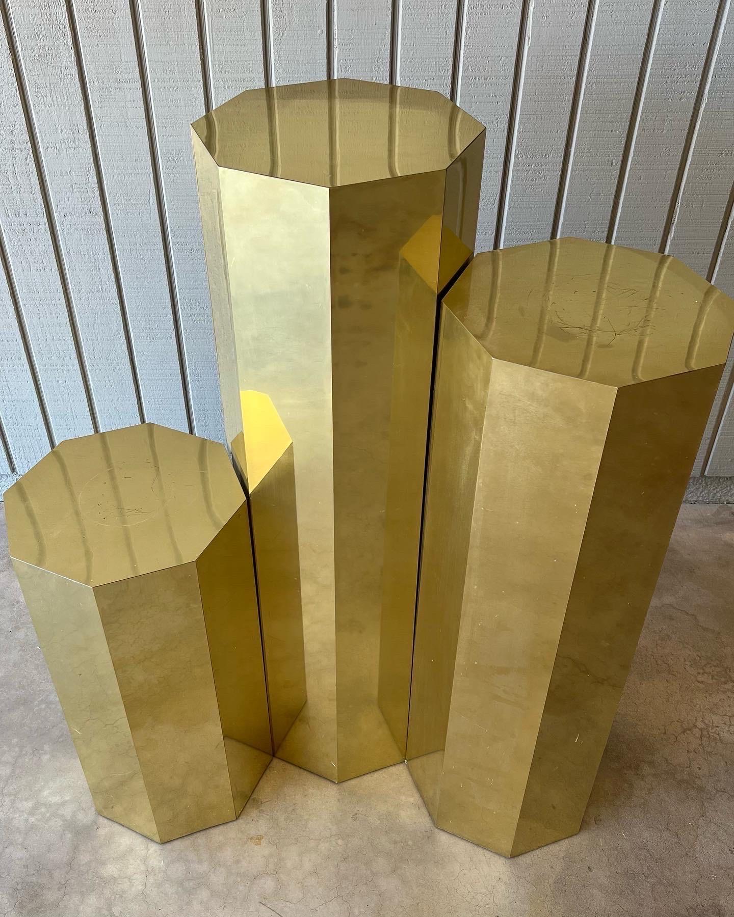 American 1970s Brass Clad Octagon Shape Set of Three Pedestals For Sale