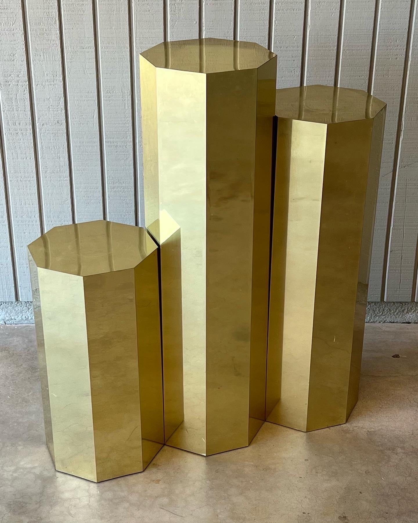 1970s Brass Clad Octagon Shape Set of Three Pedestals In Distressed Condition For Sale In Phoenix, AZ