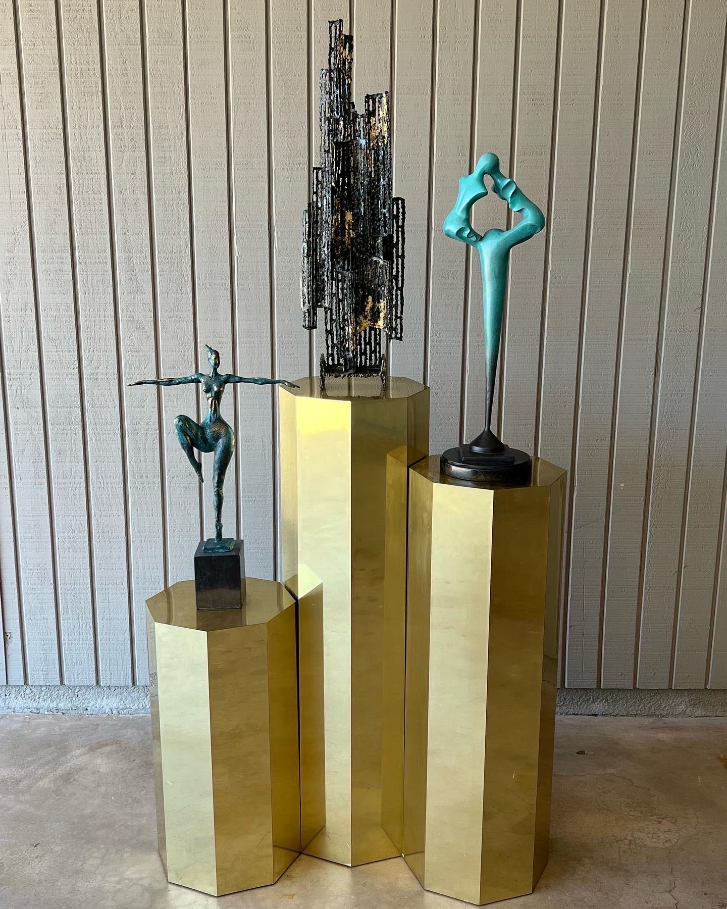 1970s Brass Clad Octagon Shape Set of Three Pedestals For Sale 2