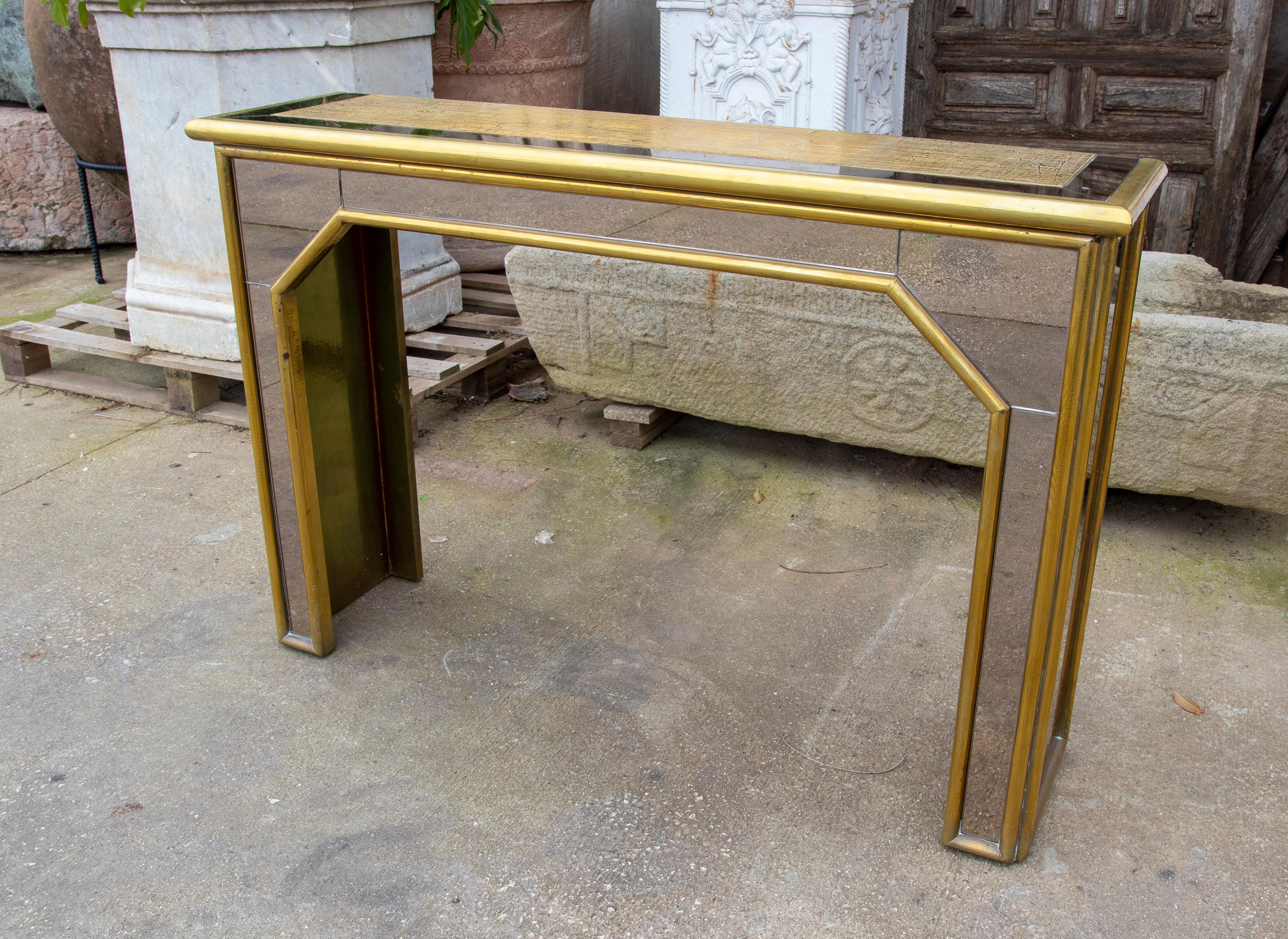 1970s, Brass Console with Mirror Signed by the Artist Gony Nava In Good Condition For Sale In Marbella, ES