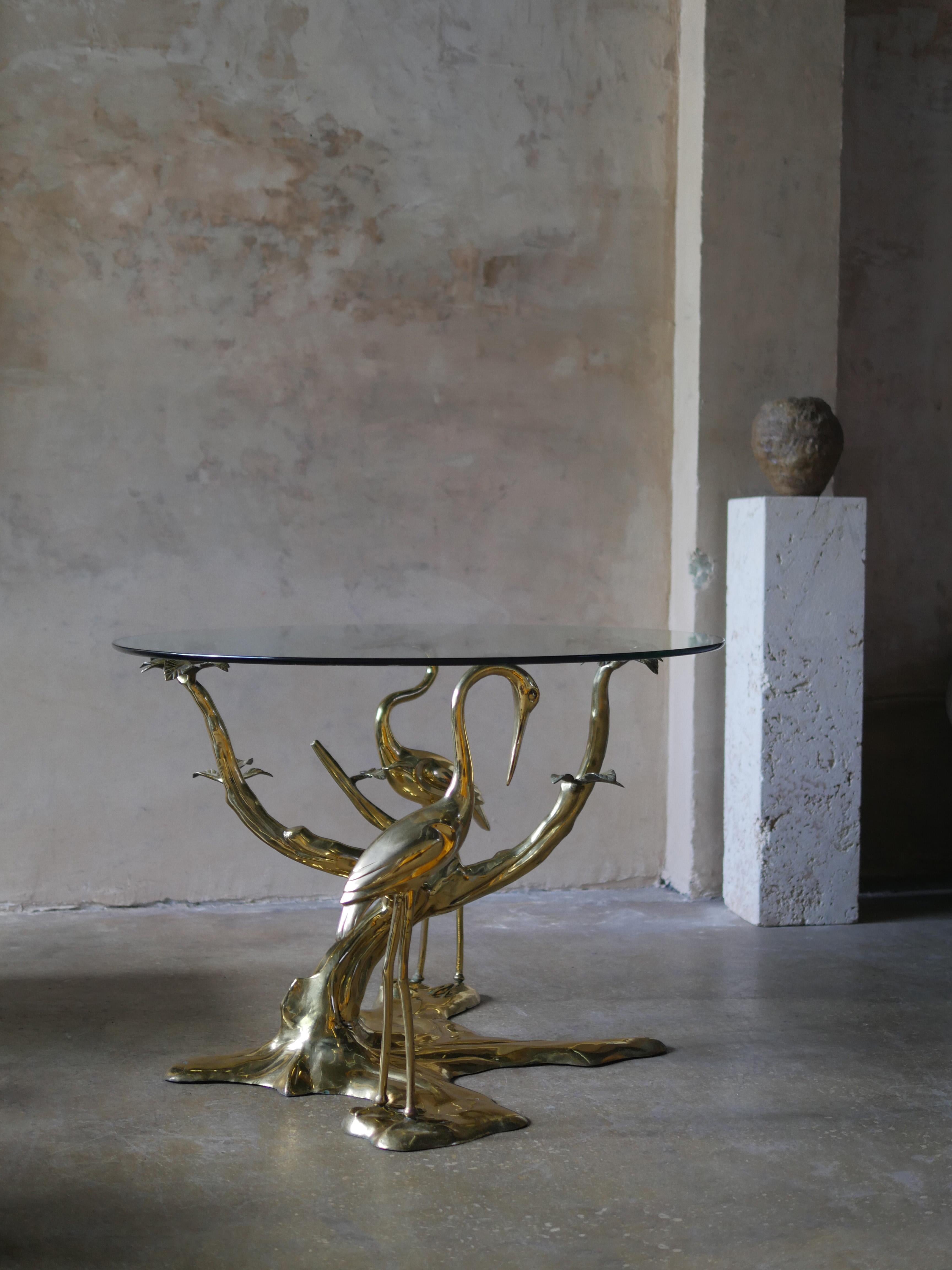 1970s Brass Crane and Bonsai Tree Entry Table In Good Condition In Miami, FL