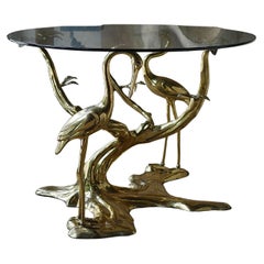 1970s Brass Crane and Bonsai Tree Entry Table