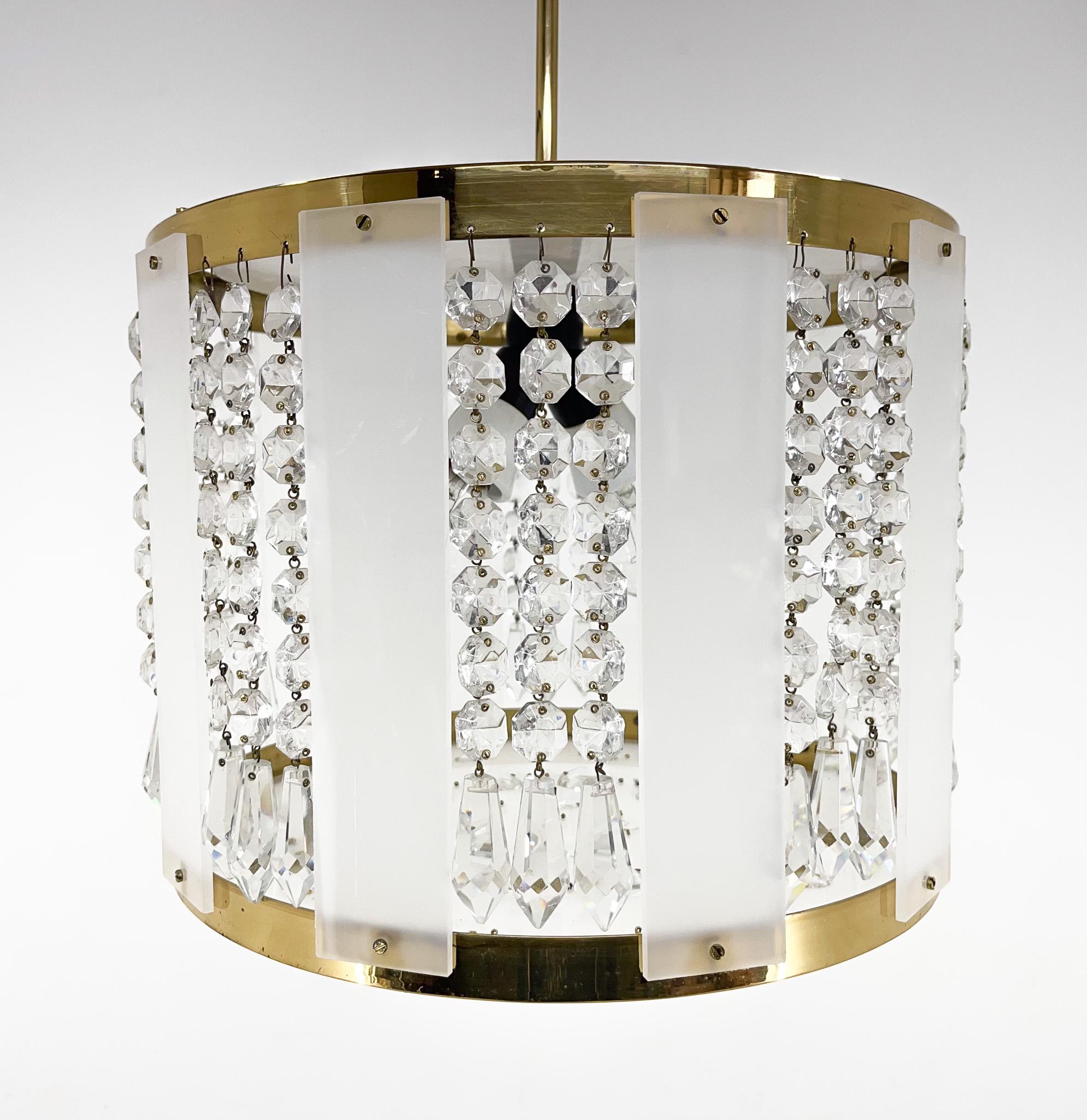 Mid-Century Modern 1970s Brass & Crystal Pendant Light by Novy Bydzov Glasswork, Czechoslovakia For Sale
