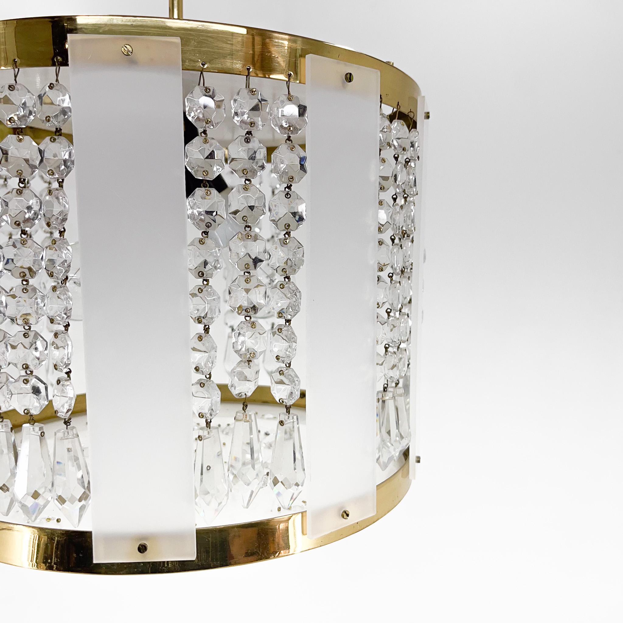 1970s Brass & Crystal Pendant Light by Novy Bydzov Glasswork, Czechoslovakia For Sale 2