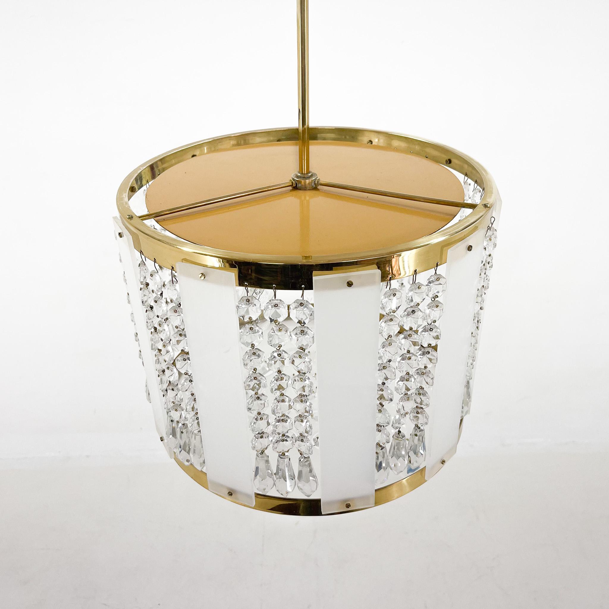 1970s Brass & Crystal Pendant Light by Novy Bydzov Glasswork, Czechoslovakia For Sale 3