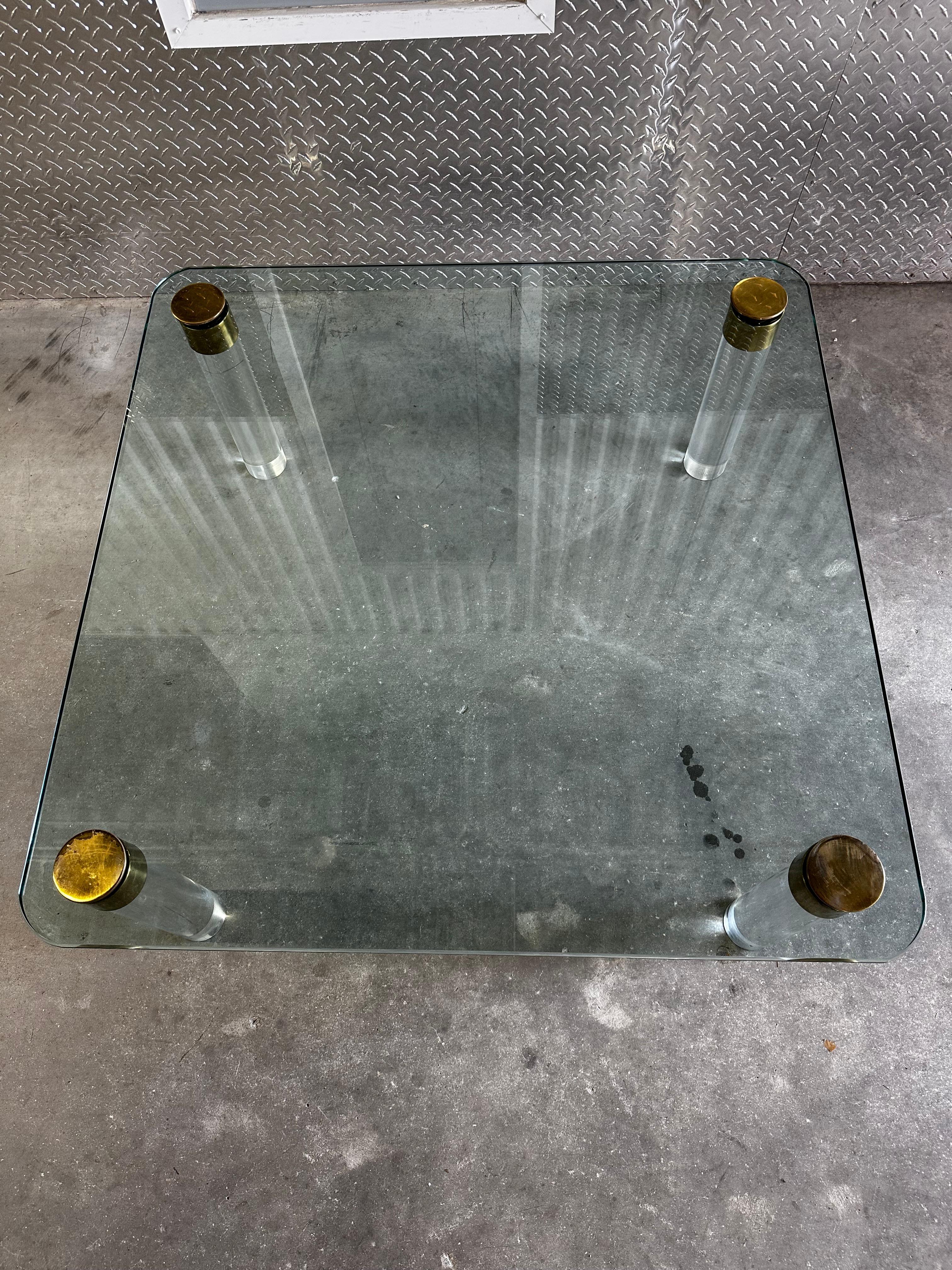 North American 1970s Brass Cylinders Lucite Glass Cocktail Table by Pace For Sale